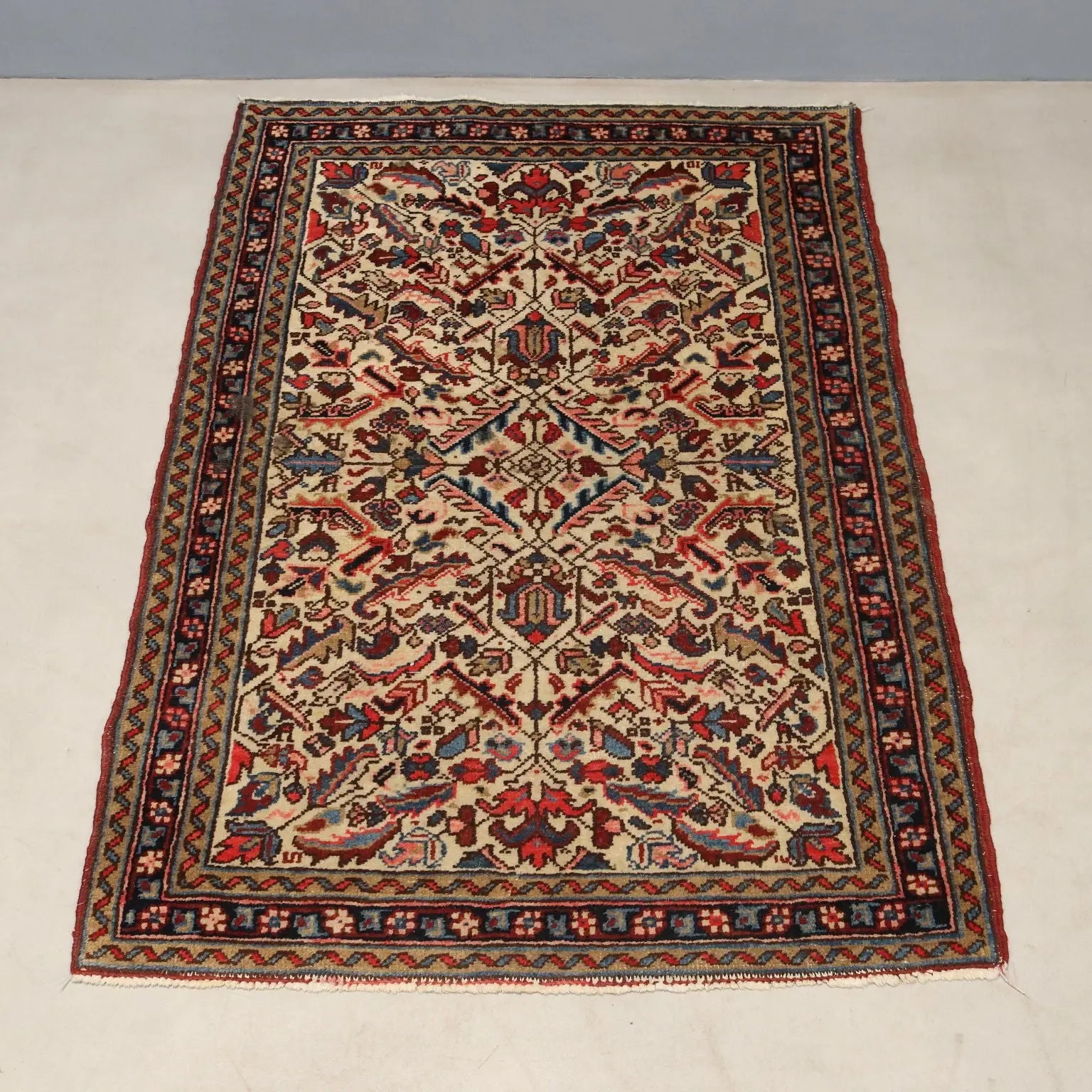 Antique Asian Carpet Cotton Wool Thin Knot 51 x 35 In