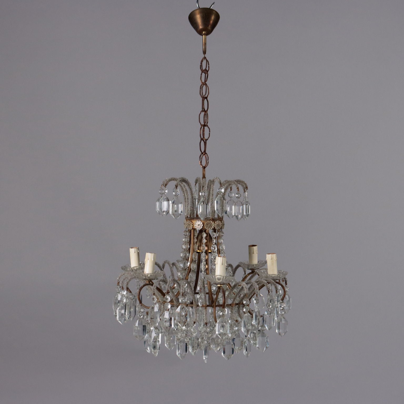 Antique 6 Light Chandelier Metal Glass Pendants XX Century - Italy, XX Century | Antiques  Lighting