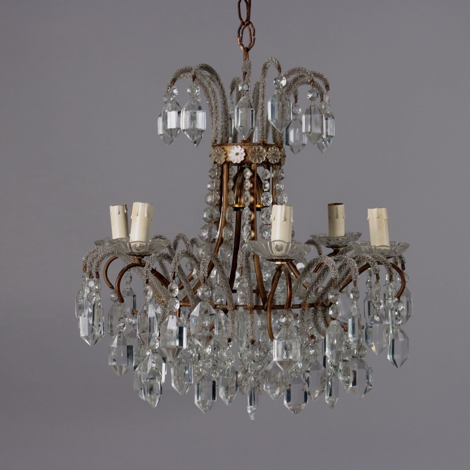 Antique 6 Light Chandelier Metal Glass Pendants XX Century - Italy, XX Century | Antiques  Lighting