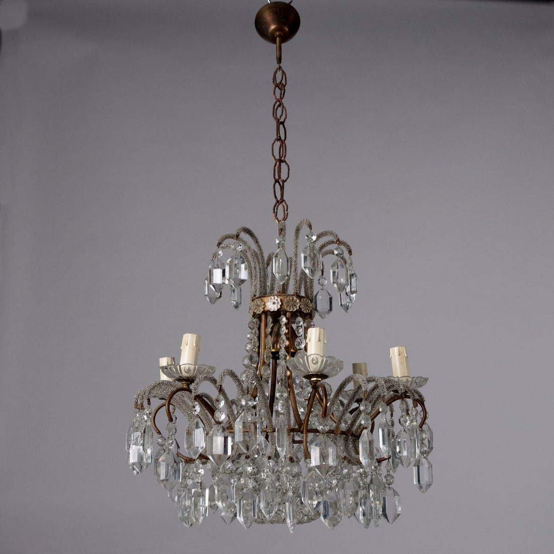 Antique 6 Light Chandelier Metal Glass Pendants XX Century - Italy, XX Century | Antiques  Lighting