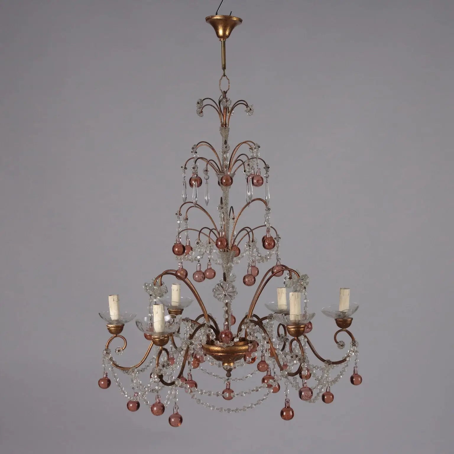 Antique 6 Light Chandelier Metal Glass Italy XX Century - Italy, Early XX Century | Antiques | Lighting