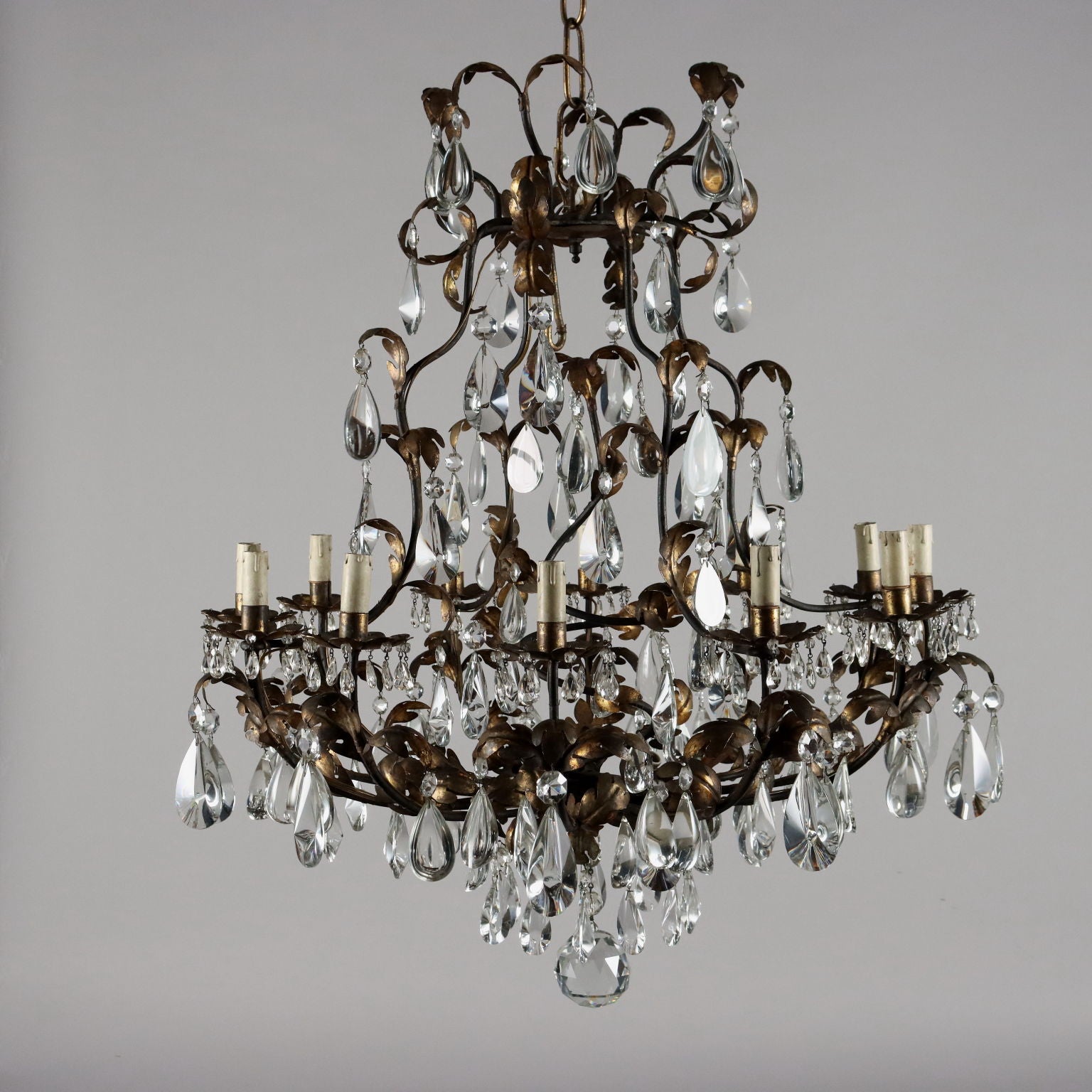 Antique 12 Light Chandelier Glass Metal Italy XX Century - Italy XX Century | Antiques  Lighting
