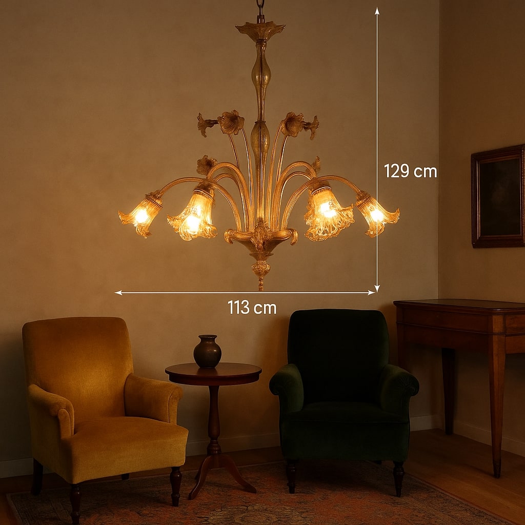 Vintage Chandelier Murano Glass 6 Lights Design Italy 1950s - Murano, 1950s | Antiques  Lighting