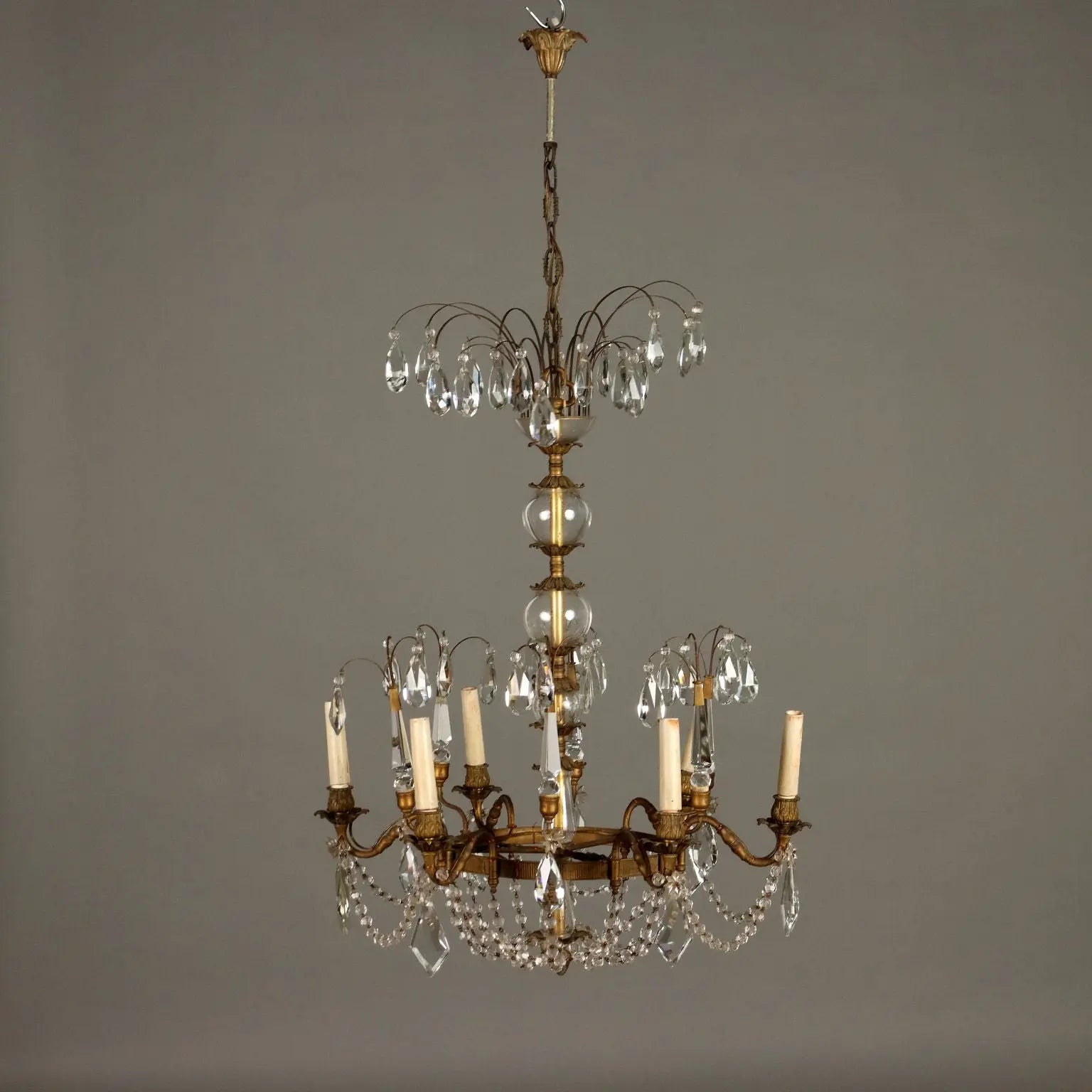 Antique Chandelier Burnished Metal 6 Branches Glass Italy XX Century - Italy, XX Century | Antiques | Lighting