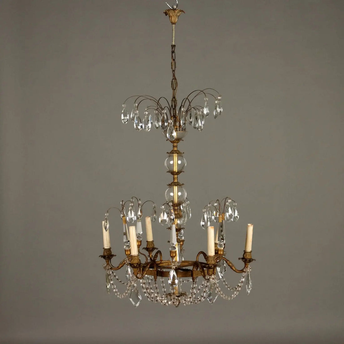 Antique Chandelier Burnished Metal 6 Branches Glass Italy XX Century - Italy, XX Century | Antiques | Lighting