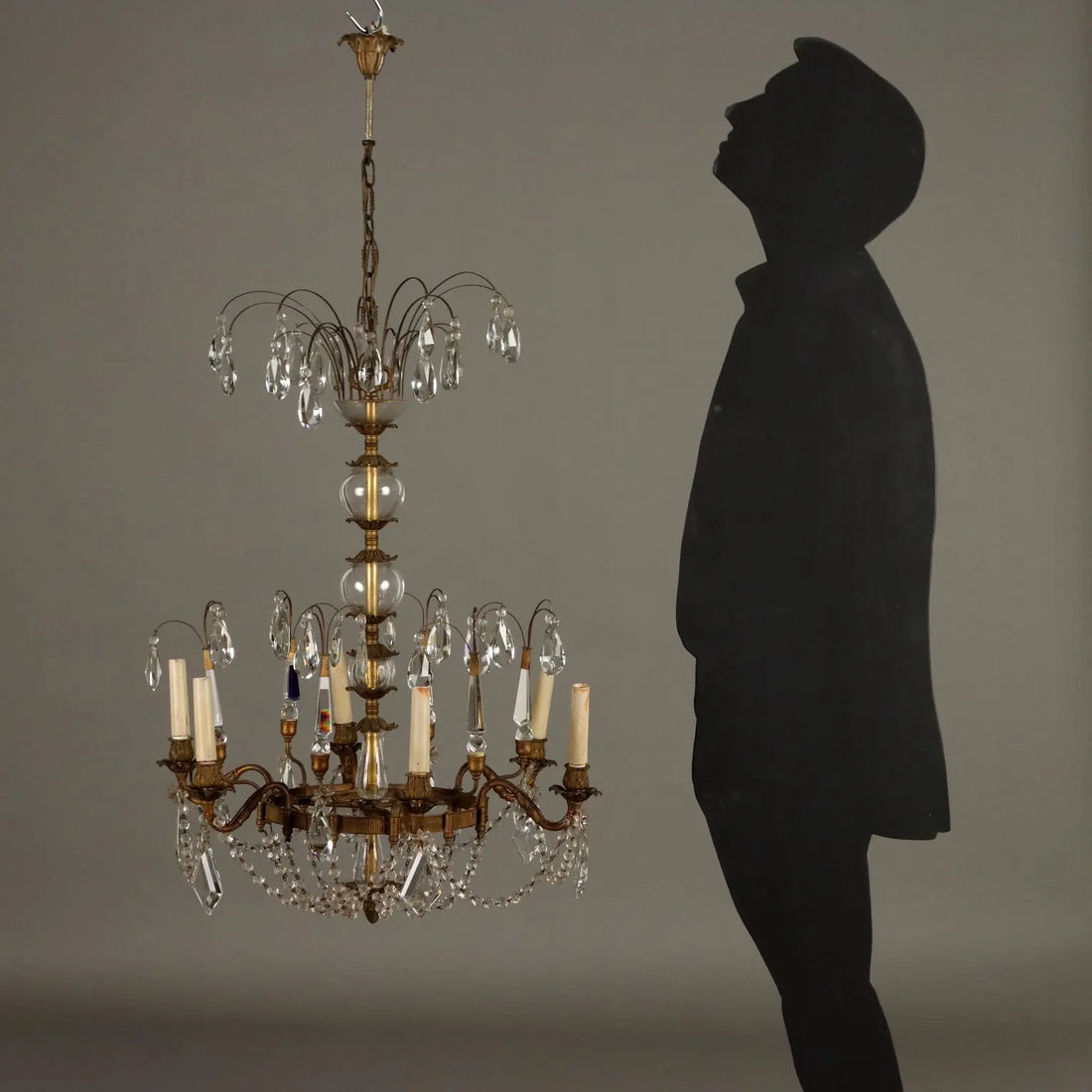 Antique Chandelier Burnished Metal 6 Branches Glass Italy XX Century - Italy, XX Century | Antiques | Lighting