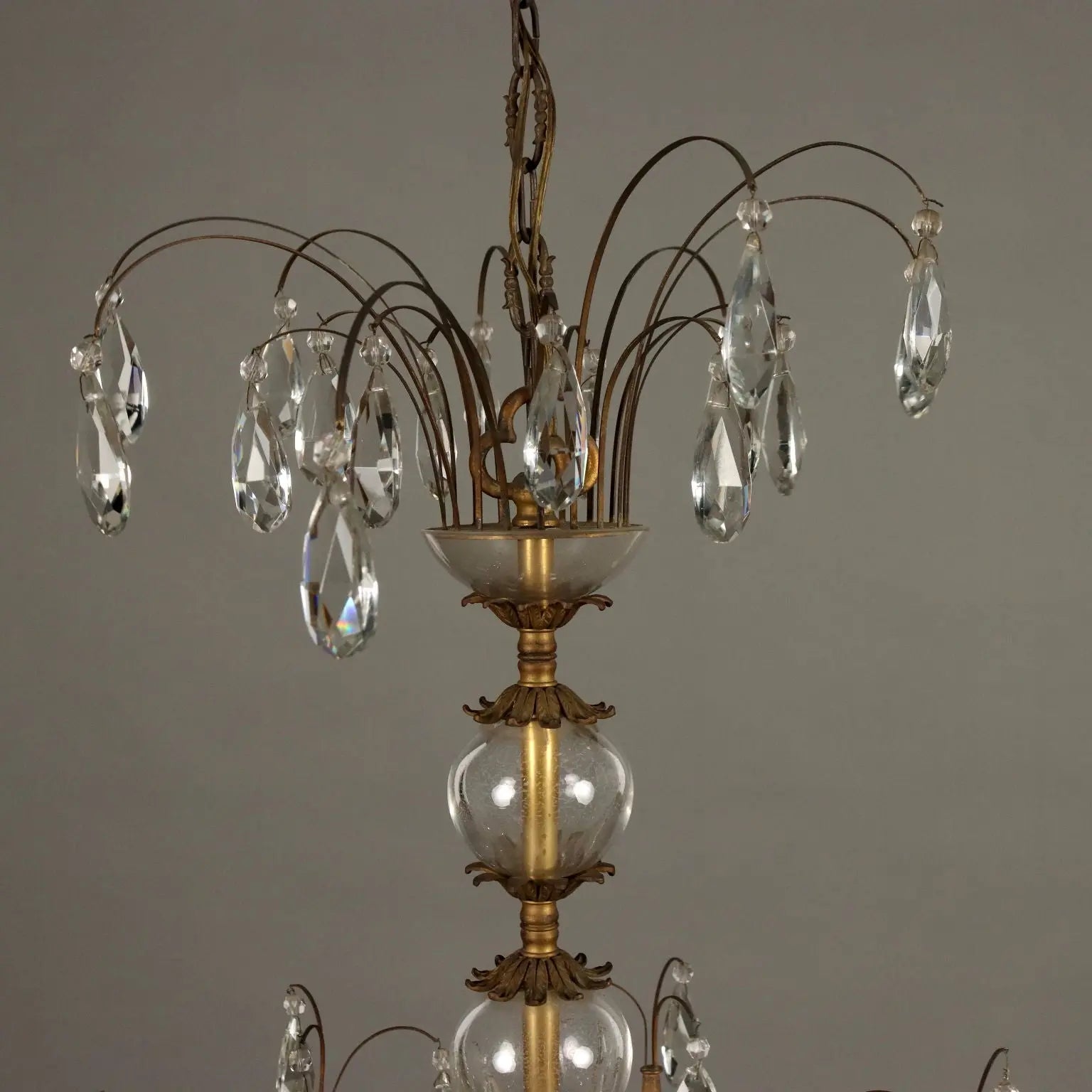 Antique Chandelier Burnished Metal 6 Branches Glass Italy XX Century - Italy, XX Century | Antiques | Lighting