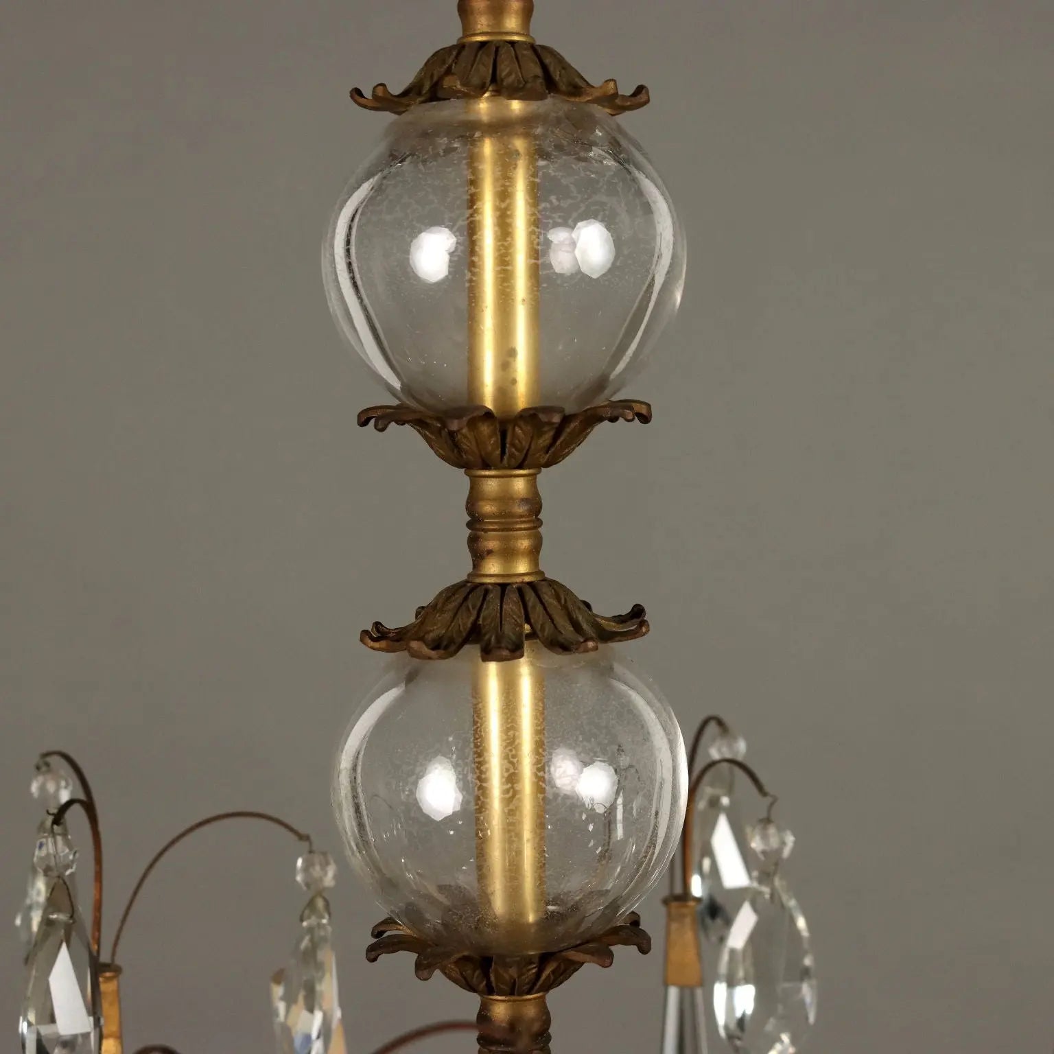 Antique Chandelier Burnished Metal 6 Branches Glass Italy XX Century - Italy, XX Century | Antiques | Lighting