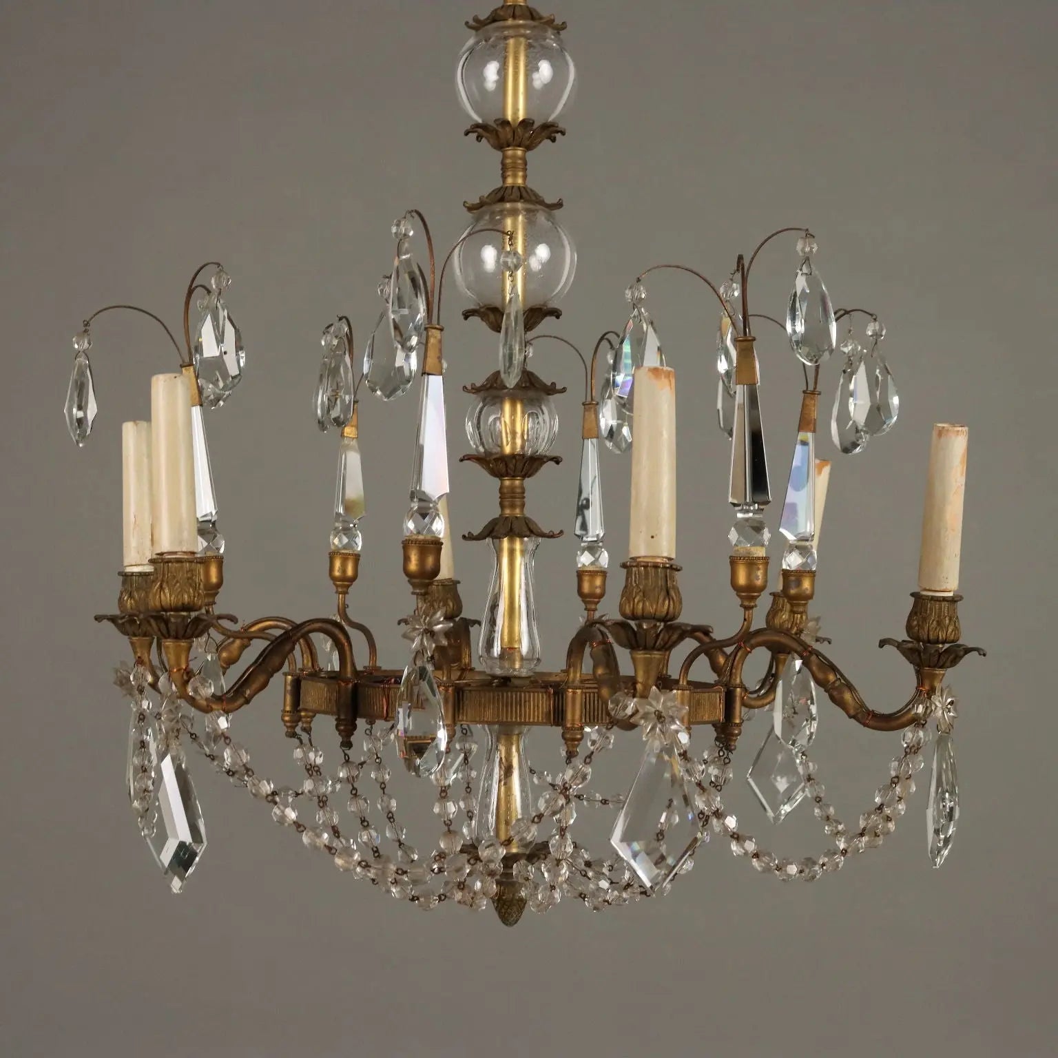 Antique Chandelier Burnished Metal 6 Branches Glass Italy XX Century - Italy, XX Century | Antiques | Lighting