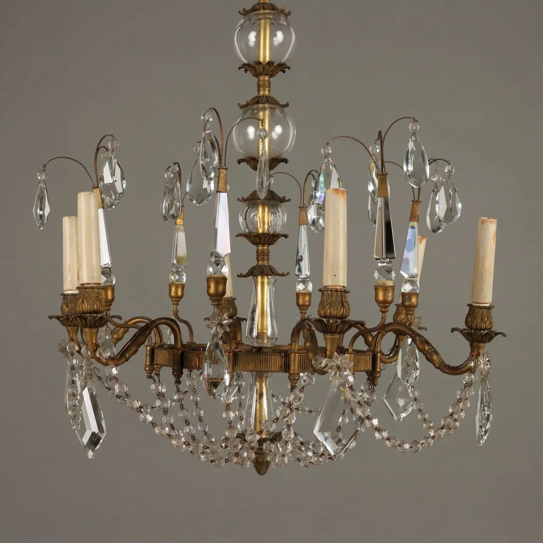 Antique Chandelier Burnished Metal 6 Branches Glass Italy XX Century - Italy, XX Century | Antiques | Lighting
