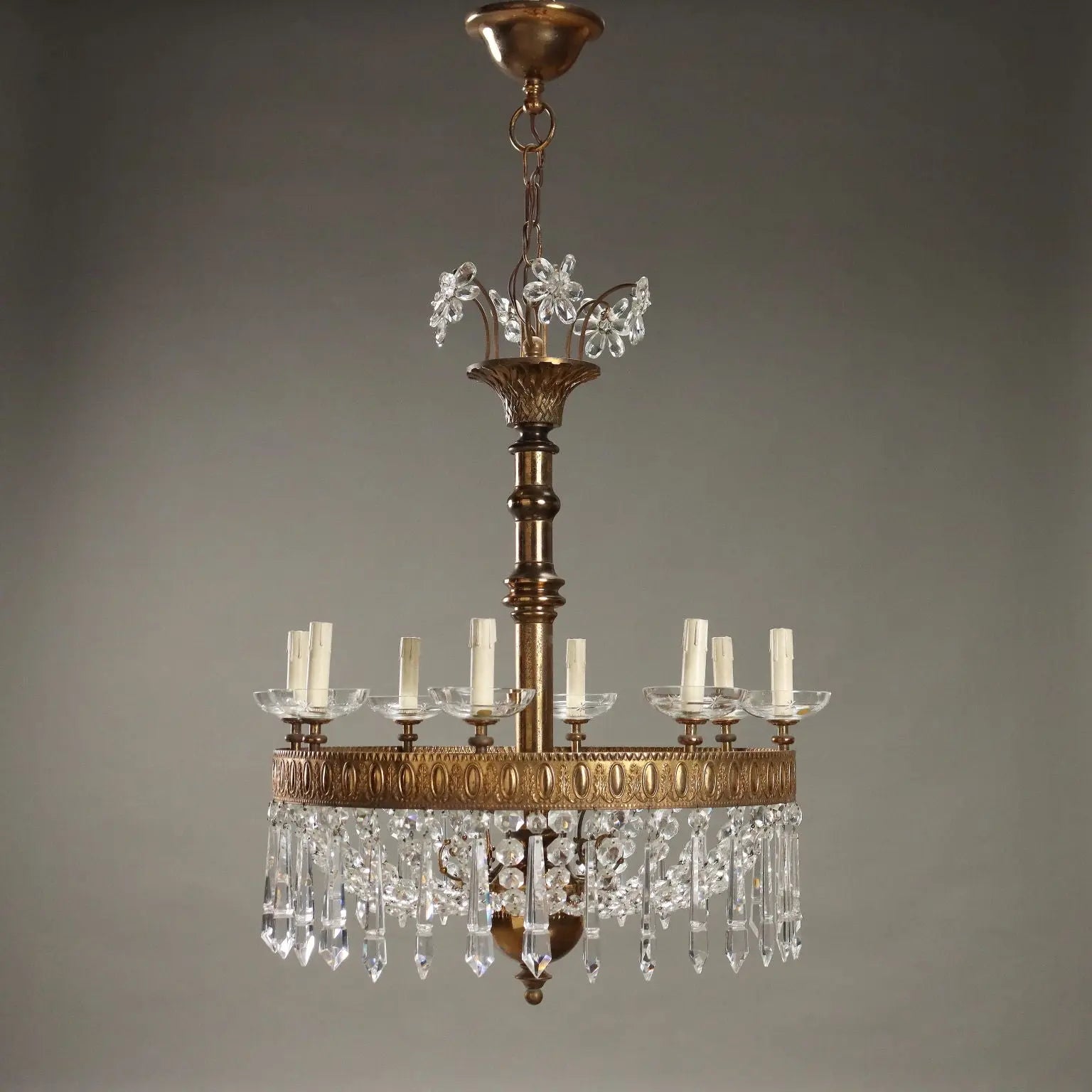 Antique Chandelier Empire Style Glass Gilded Metal Italy XX Century - Italy, XX Century | Antiques | Lighting