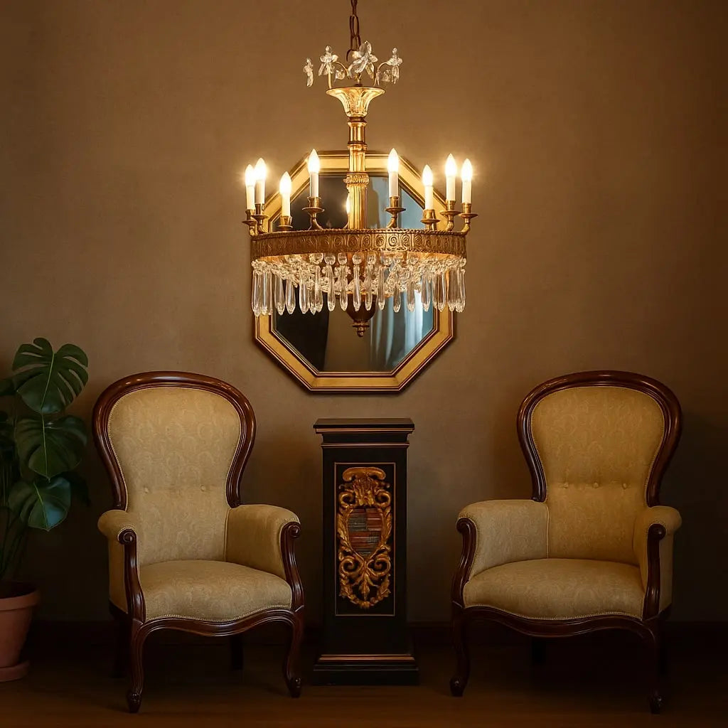 Antique Chandelier Empire Style Glass Gilded Metal Italy XX Century - Italy, XX Century | Antiques | Lighting