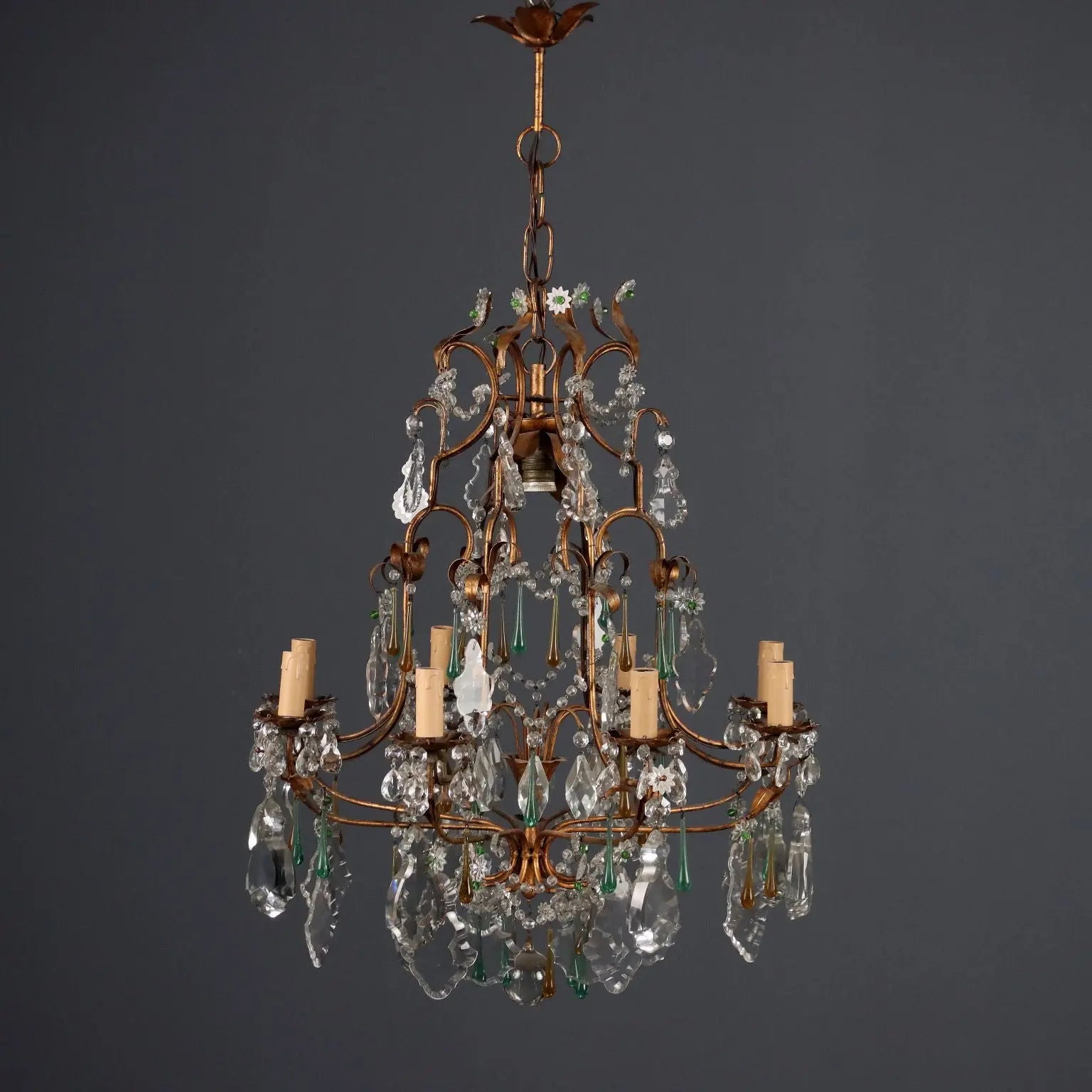 Antique Chandelier Gilded Iron Glass Italy XX Century - Italy, Early XX Century | Antiques | Lighting