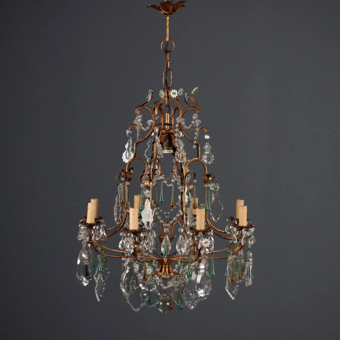 Antique Chandelier Gilded Iron Glass Italy XX Century - Italy, Early XX Century | Antiques | Lighting