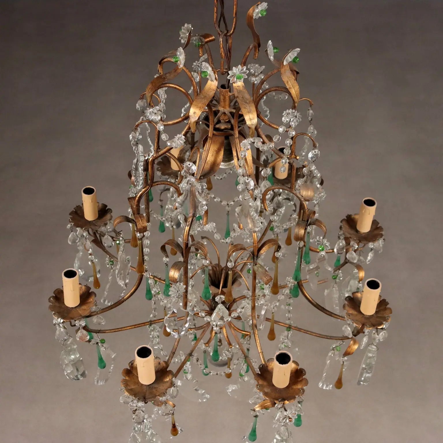 Antique Chandelier Gilded Iron Glass Italy XX Century - Italy, Early XX Century | Antiques | Lighting