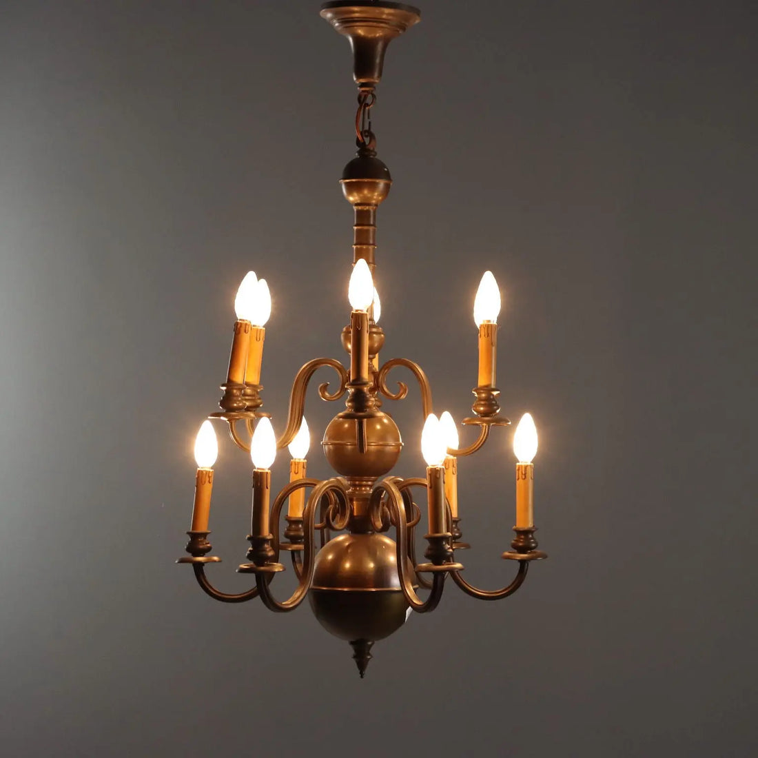 Antique Chandelier Bronze Glass 12 Lights Netherlands XX Century - Netherlands, Early XX Century | Antiques | Lighting
