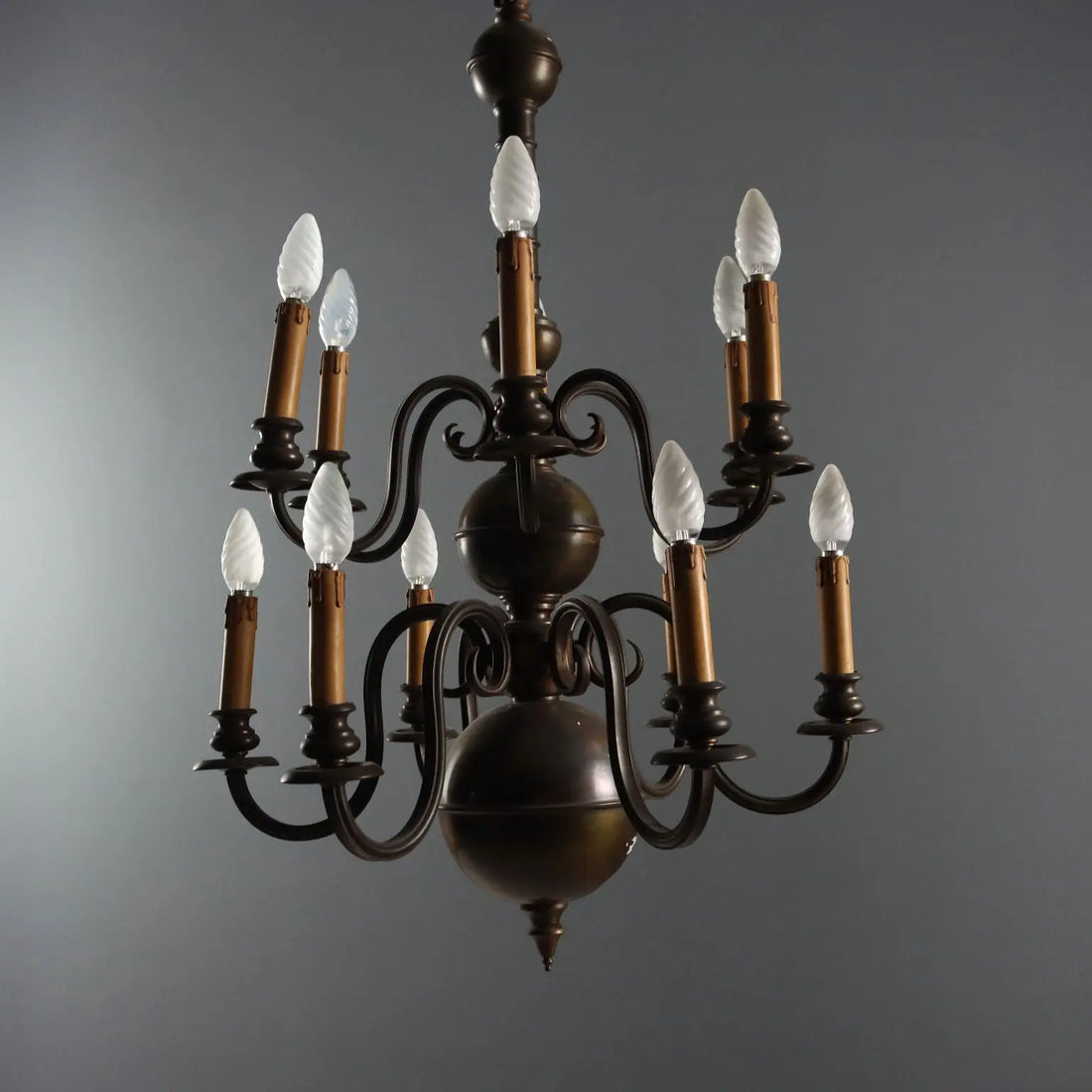 Antique Chandelier Bronze Glass 12 Lights Netherlands XX Century - Netherlands, Early XX Century | Antiques | Lighting