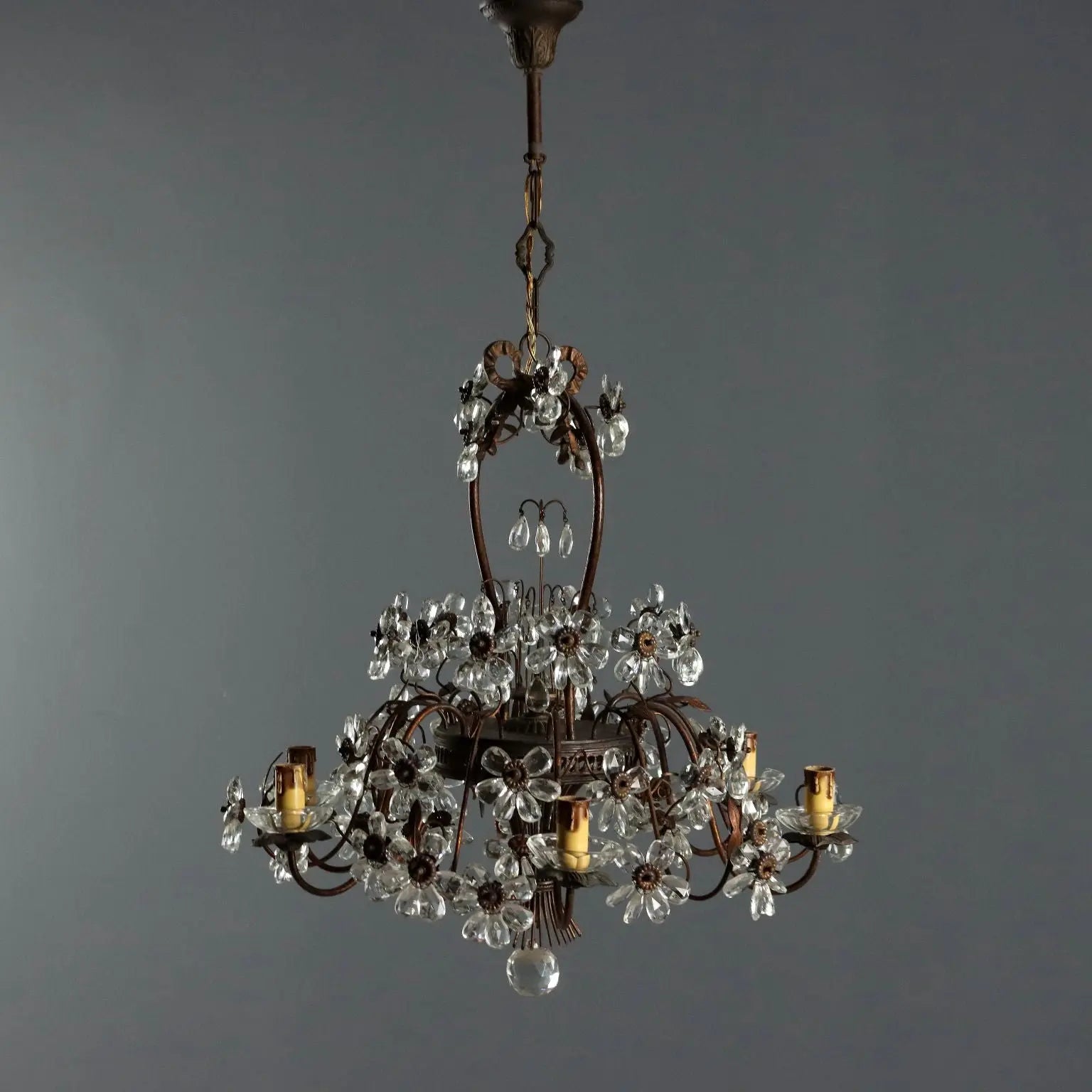 Antique Chandelier Metal Glass 6 Lights Italy XX Century
