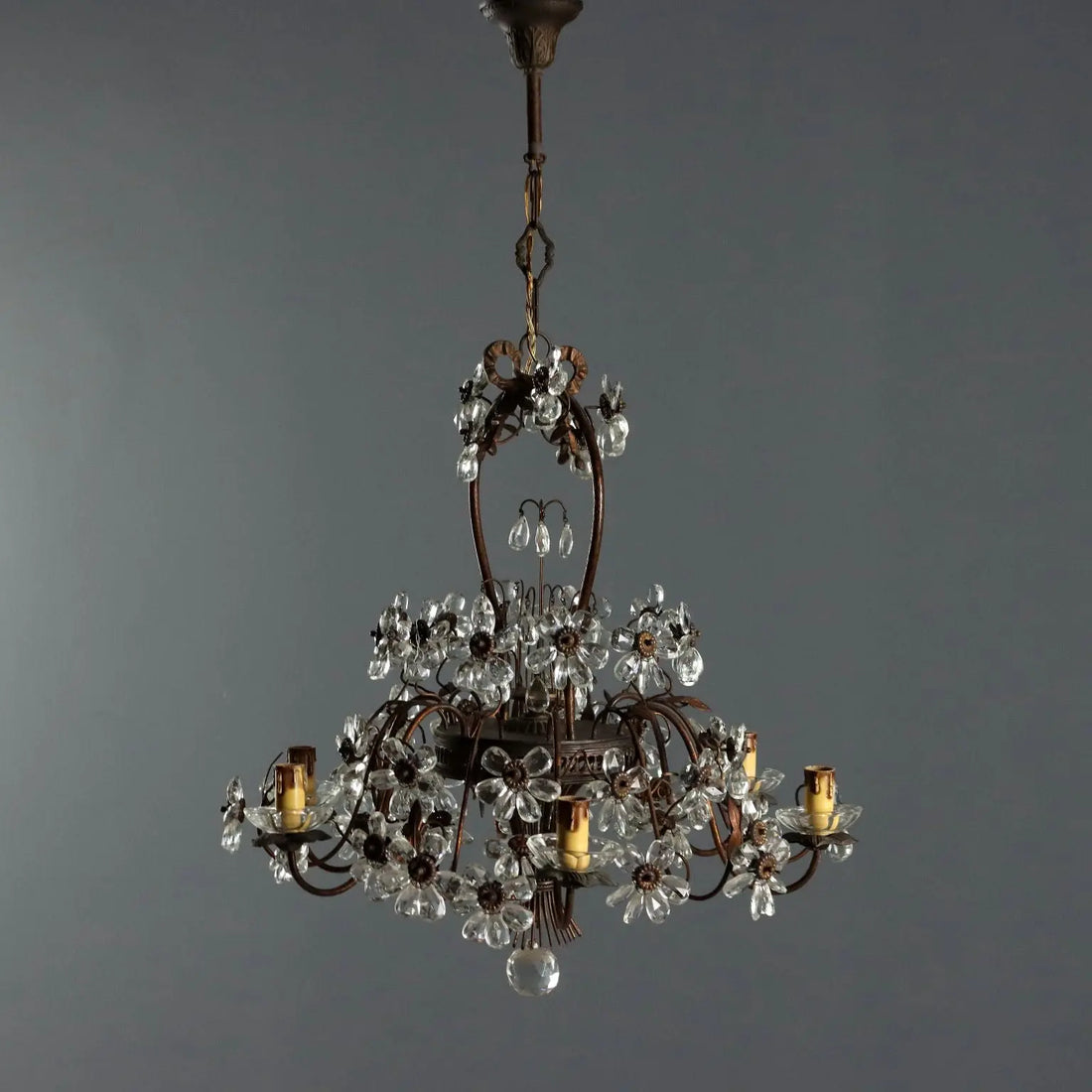 Antique Chandelier Metal Glass 6 Lights Italy XX Century