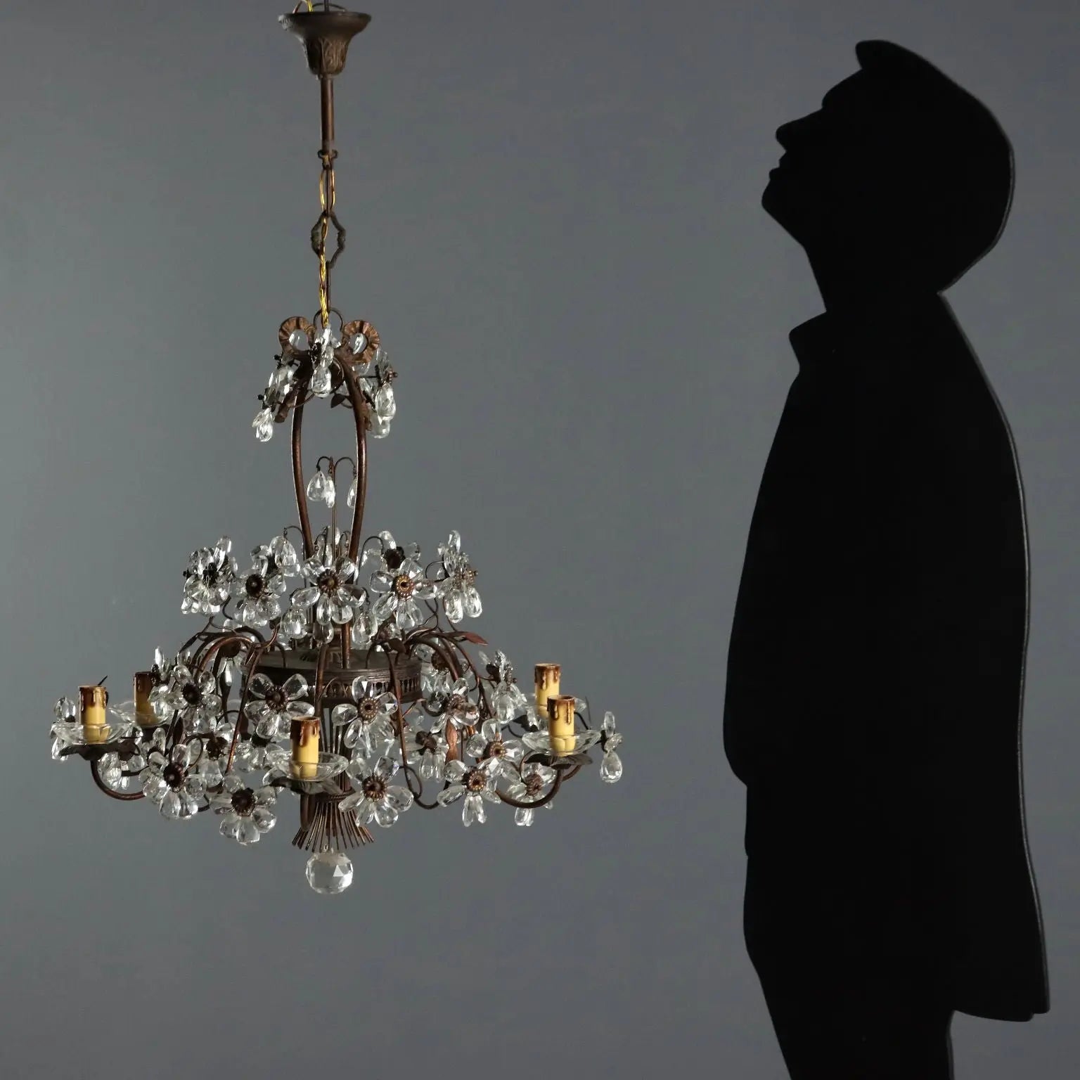 Antique Chandelier Metal Glass 6 Lights Italy XX Century