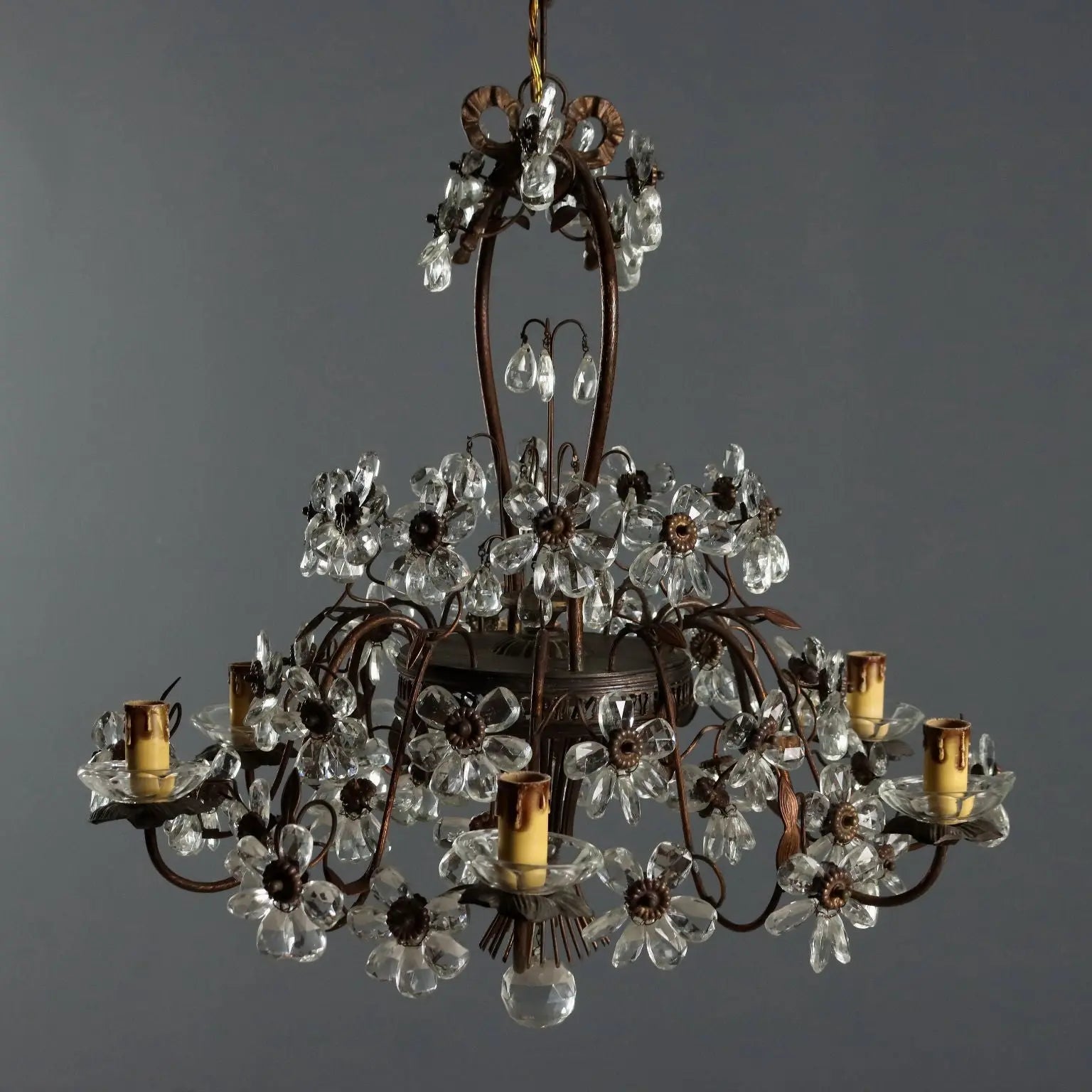 Antique Chandelier Metal Glass 6 Lights Italy XX Century