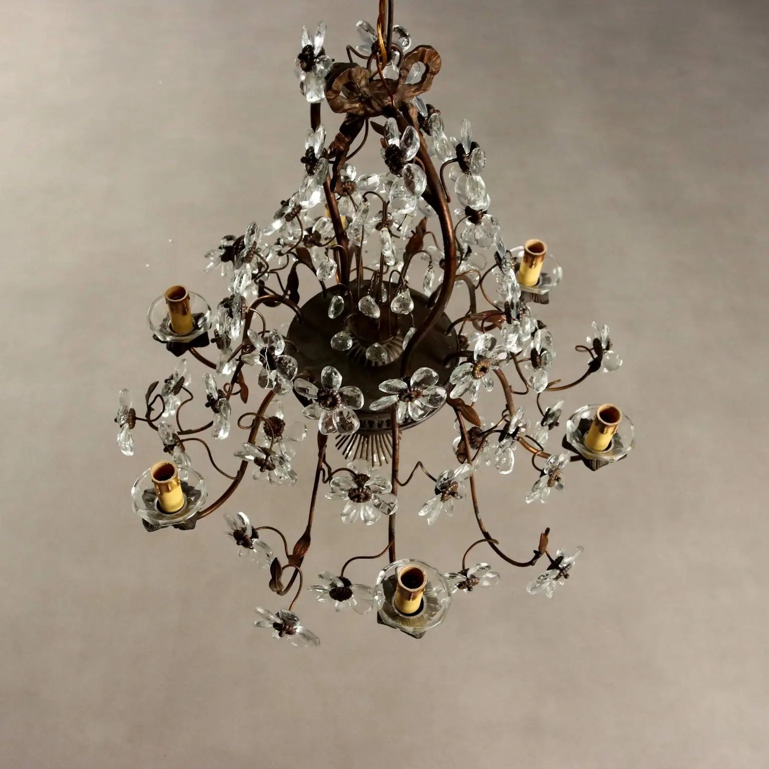 Antique Chandelier Metal Glass 6 Lights Italy XX Century