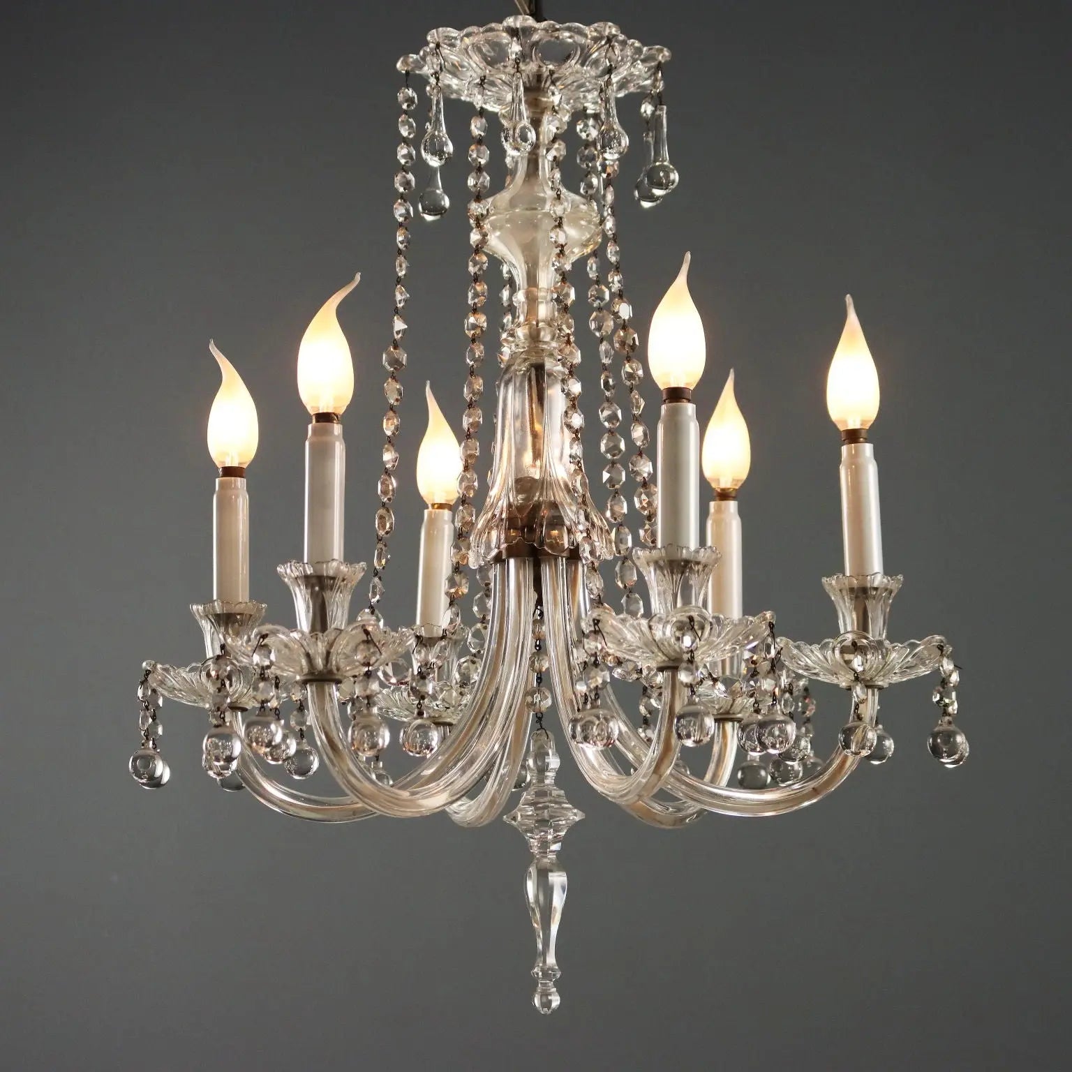 Antique Chandelier Glass 6 Lights Bobeches Italy XX Century - Italy, Early XX Century | Antiques | Lighting