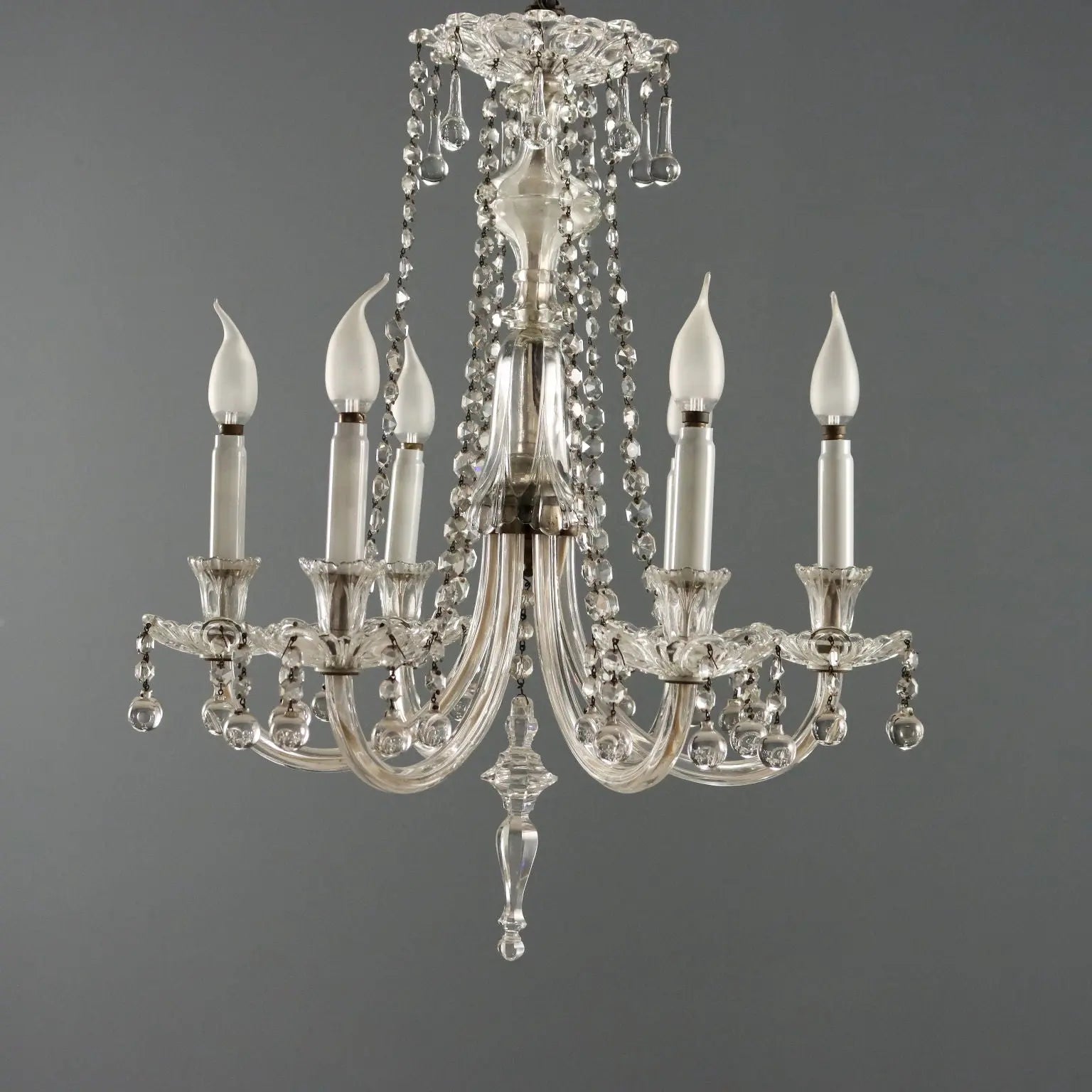Antique Chandelier Glass 6 Lights Bobeches Italy XX Century - Italy, Early XX Century | Antiques | Lighting