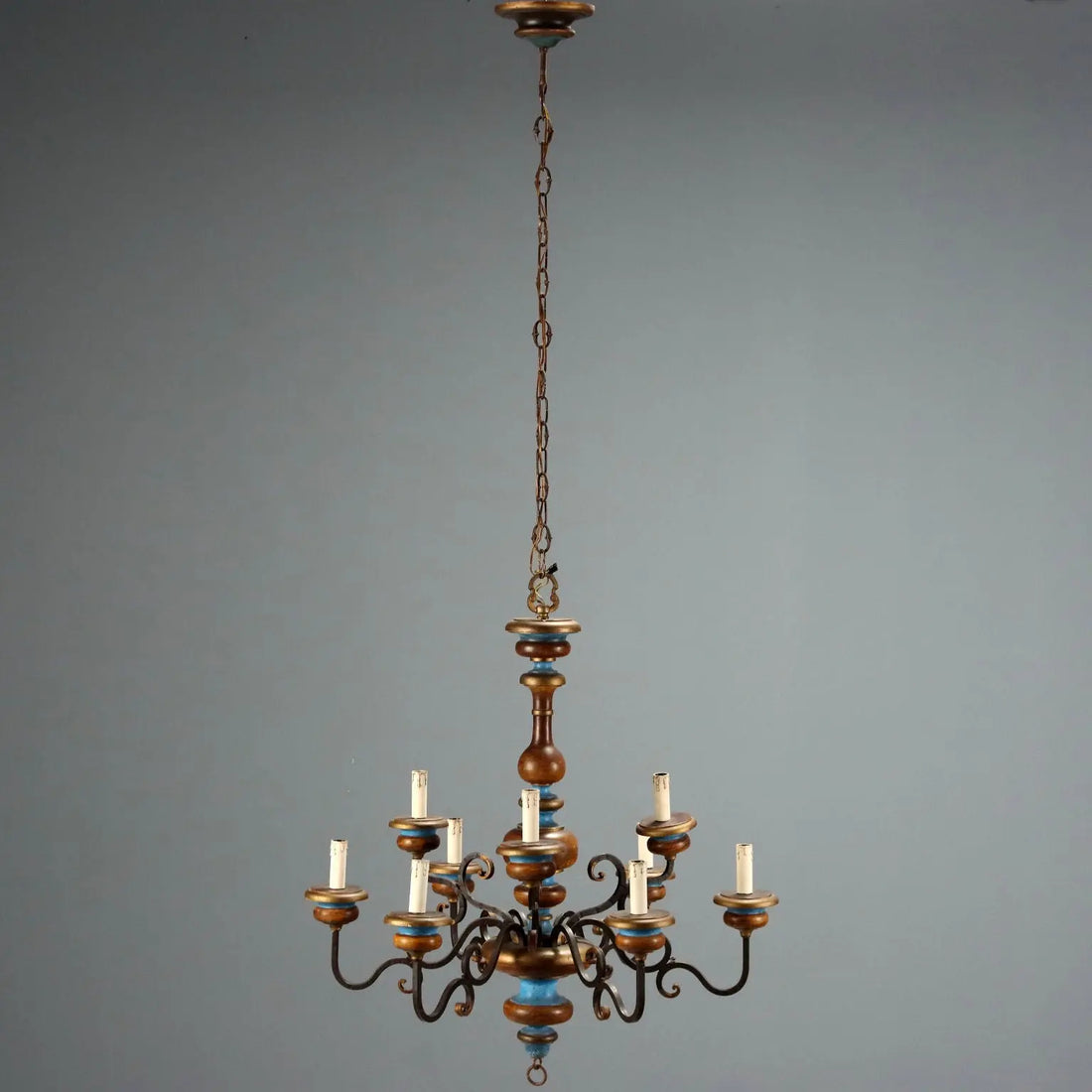 Antique Chandelier Wood Brass 9 Lights Italy XX Century
