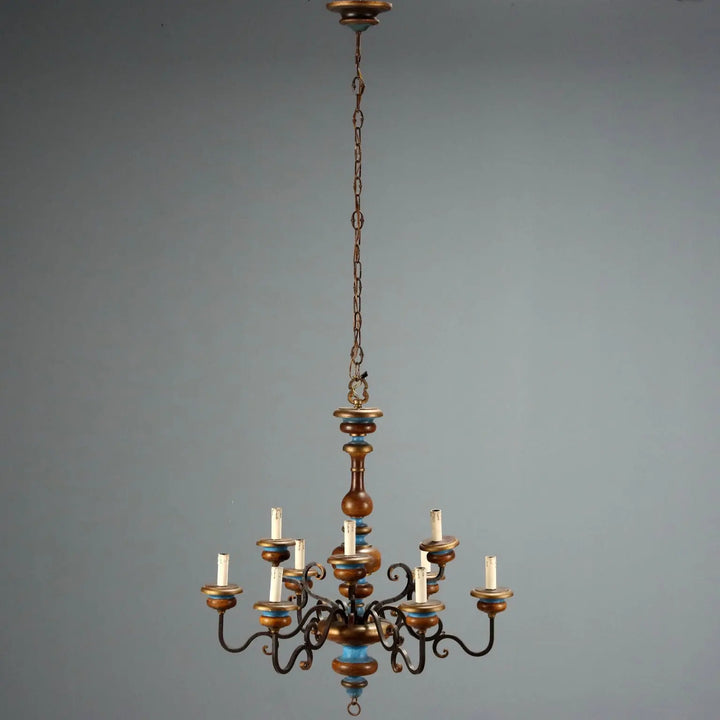 Antique Chandelier Wood Brass 9 Lights Italy XX Century