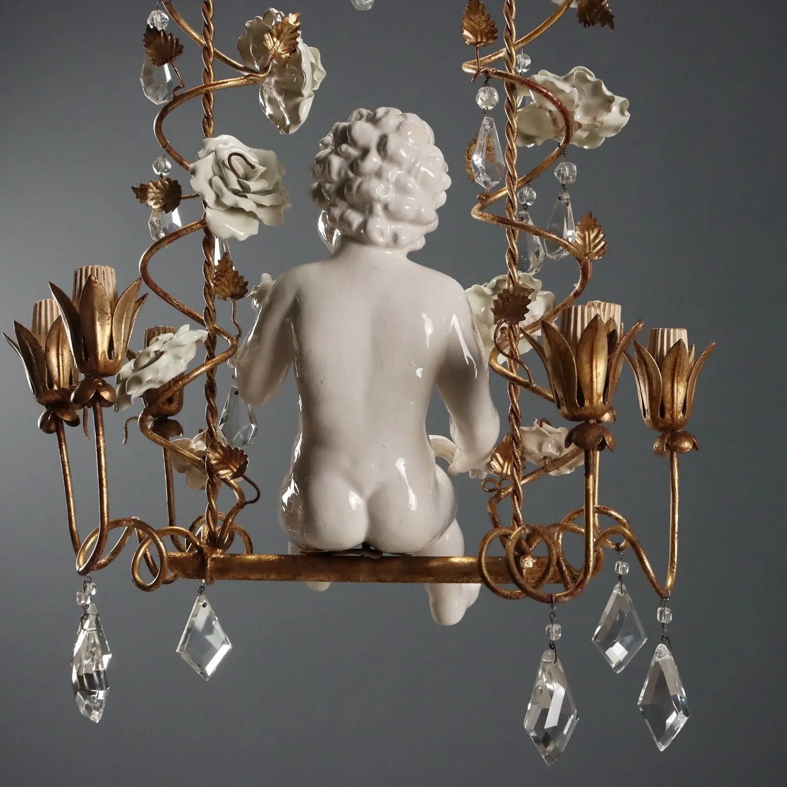 Antique Chandelier in Ceramic and Iron, Italy 20th Century