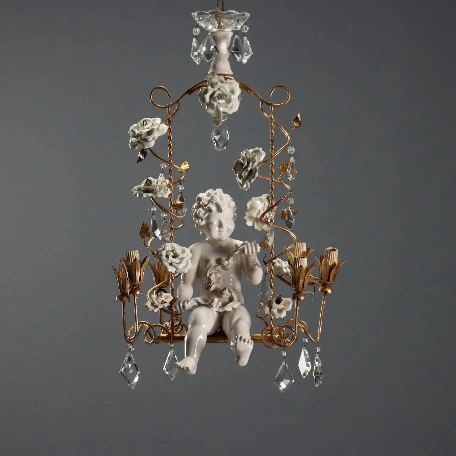 Antique Chandelier in Ceramic and Iron, Italy 20th Century