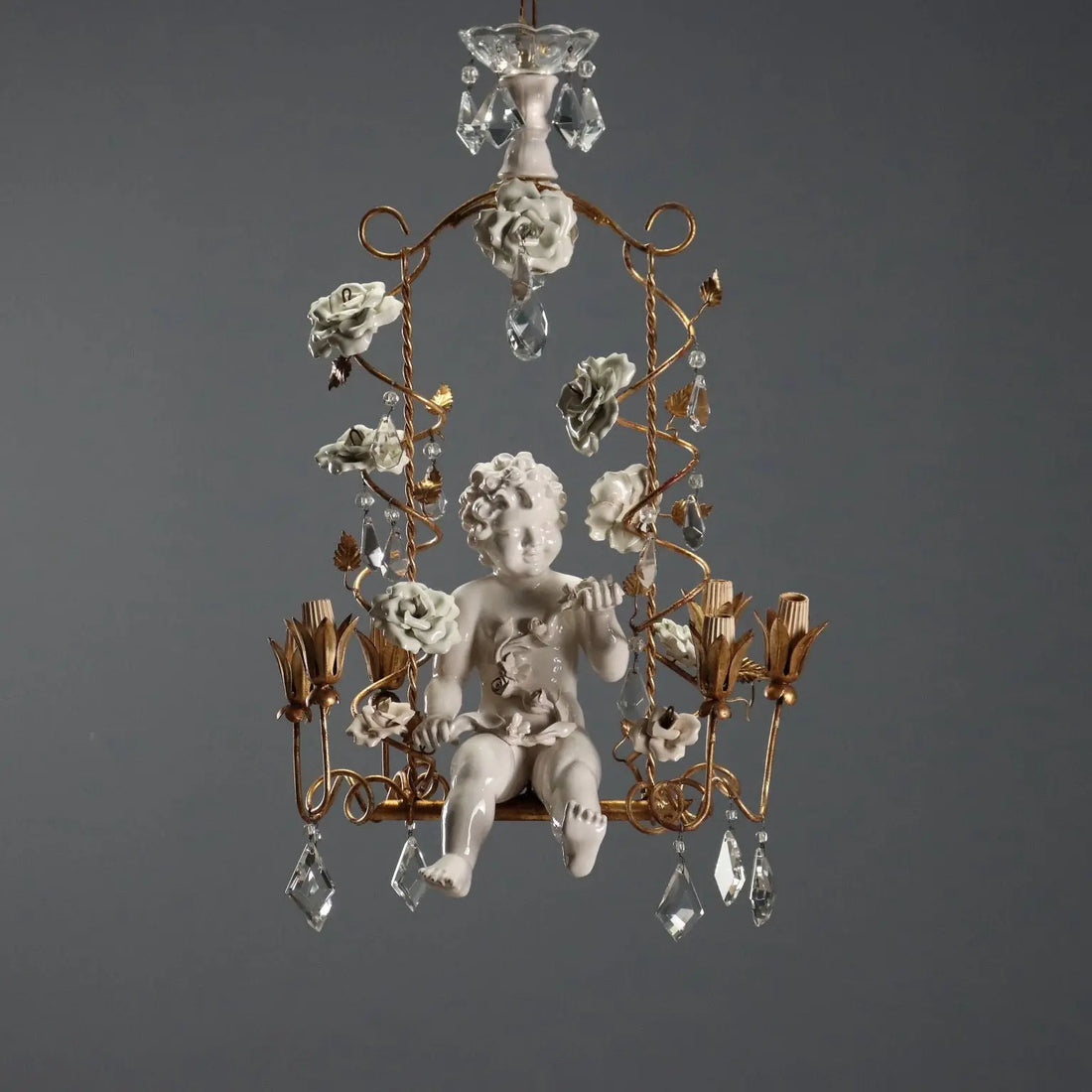 Antique Chandelier in Ceramic and Iron, Italy 20th Century