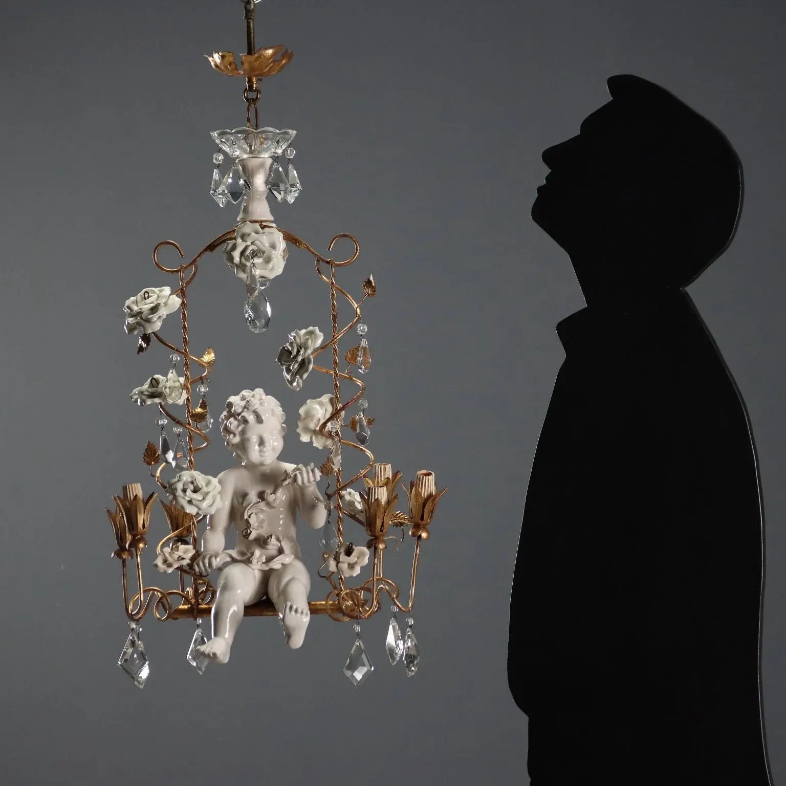 Antique Chandelier in Ceramic and Iron, Italy 20th Century