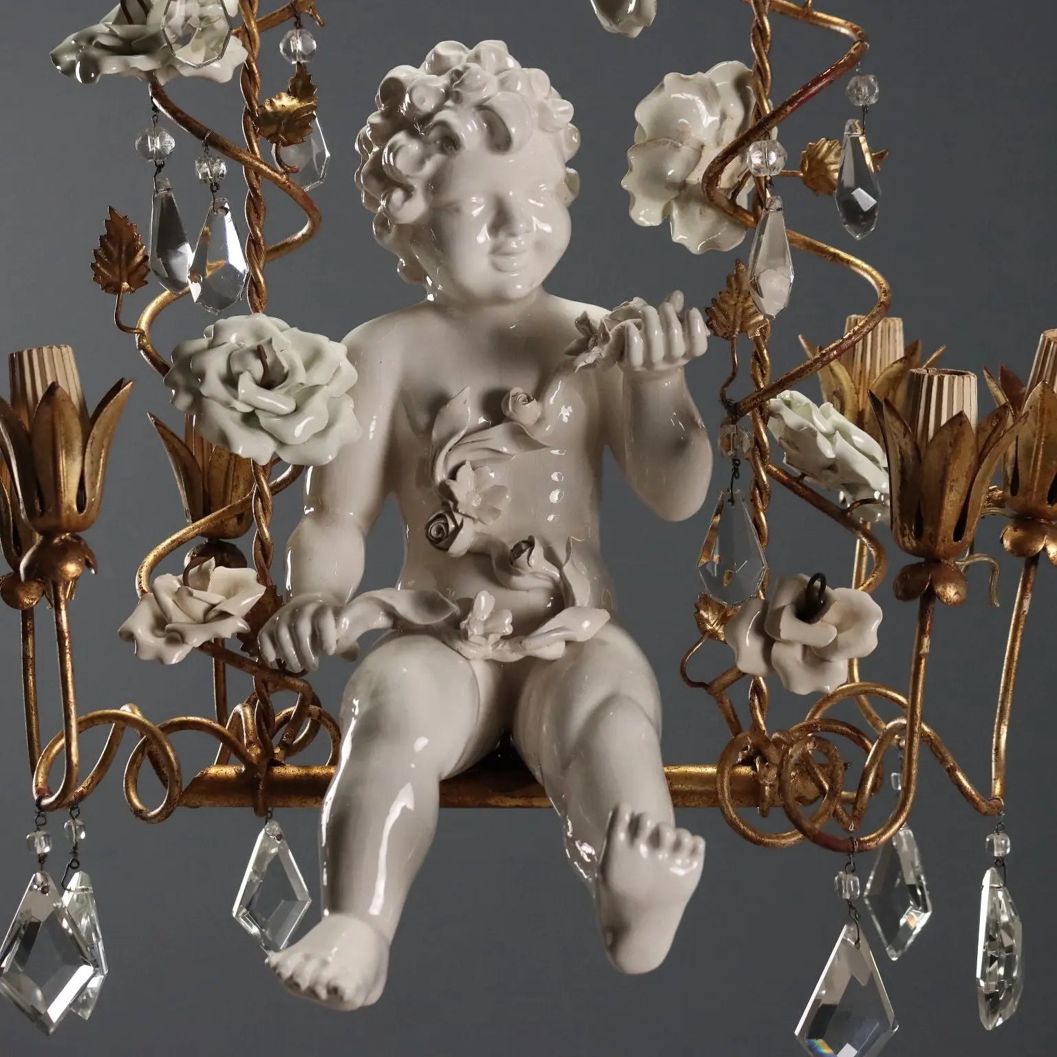 Antique Chandelier in Ceramic and Iron, Italy 20th Century
