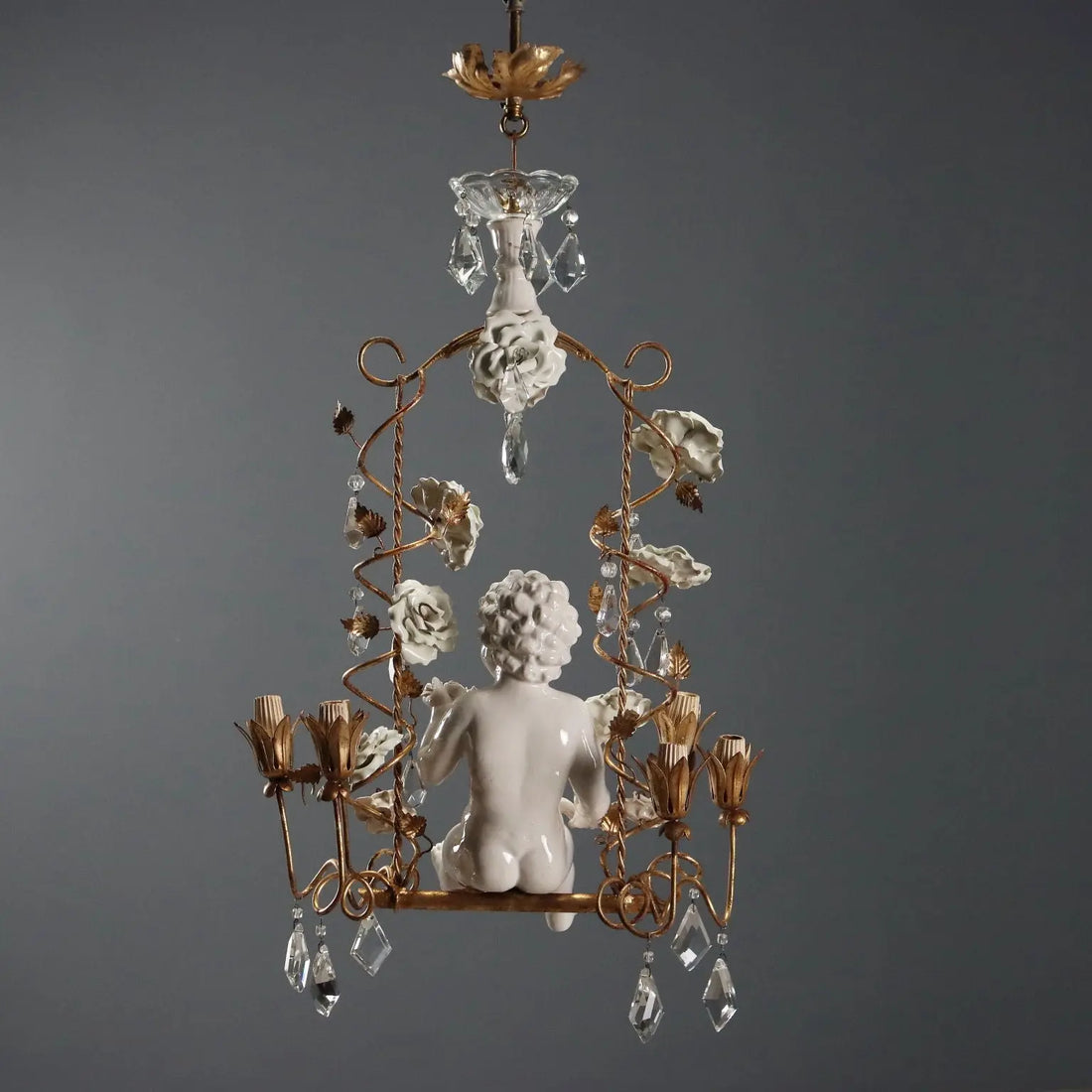 Antique Chandelier in Ceramic and Iron, Italy 20th Century