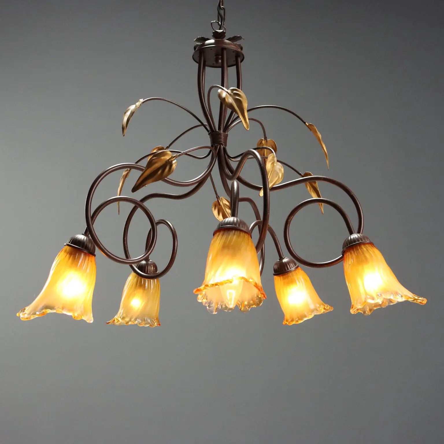 Antique Chandelier Art Nouveau Style Glass Metal XX Century