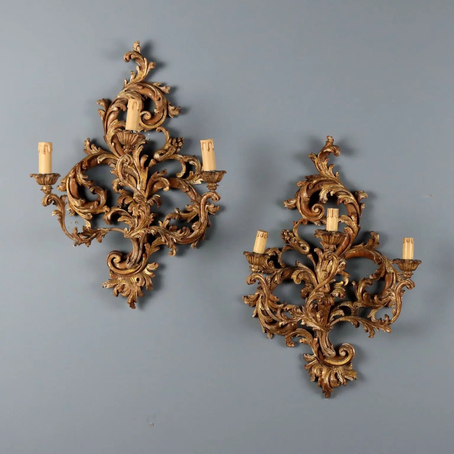 Antique Wall Lamps Lacquered Gilded Wood Italy XX Century