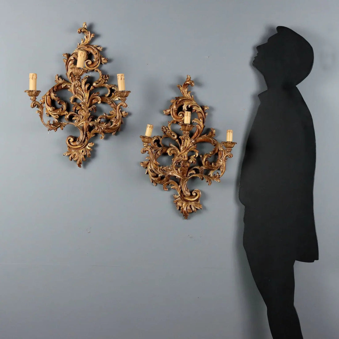 Antique Wall Lamps Lacquered Gilded Wood Italy XX Century