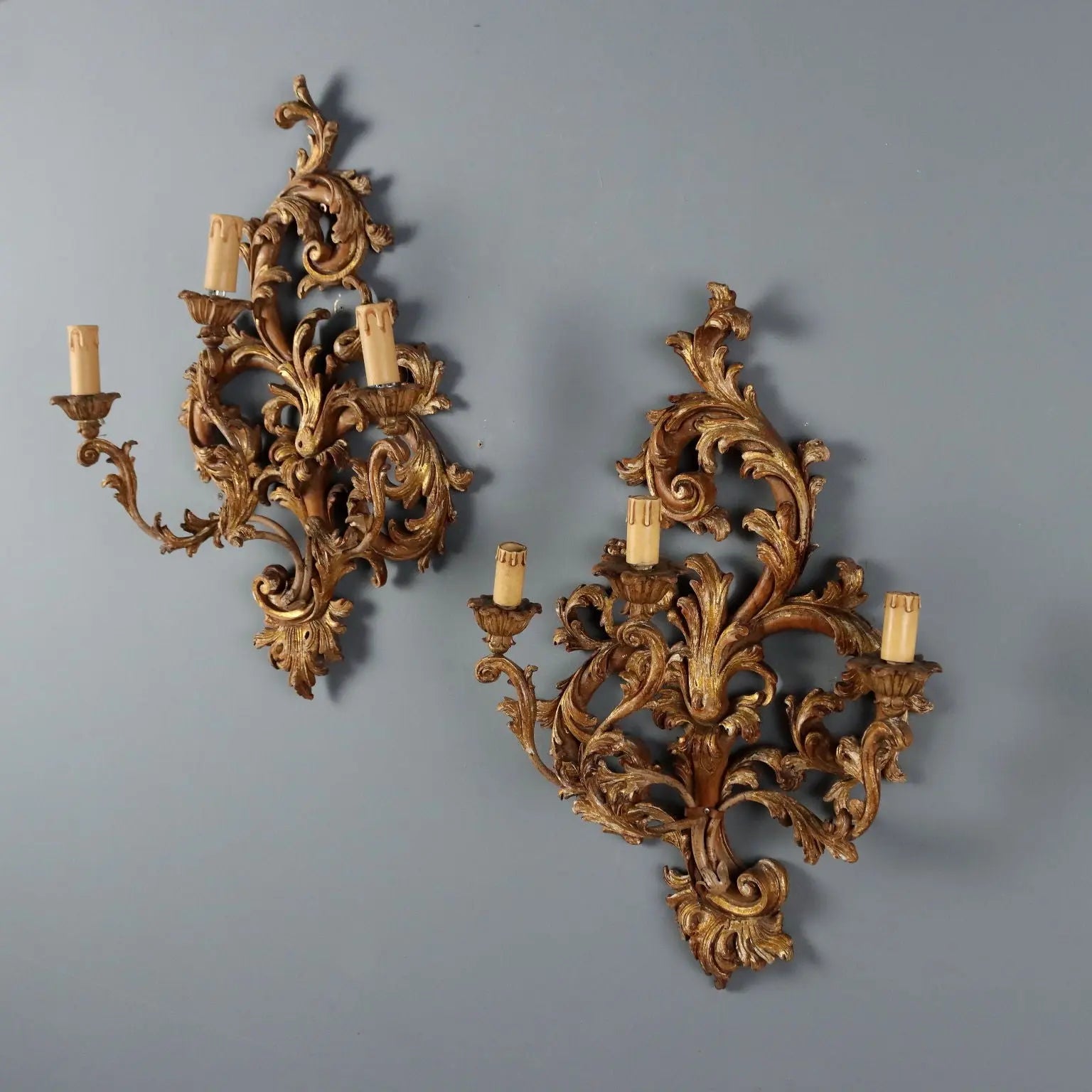 Antique Wall Lamps Lacquered Gilded Wood Italy XX Century