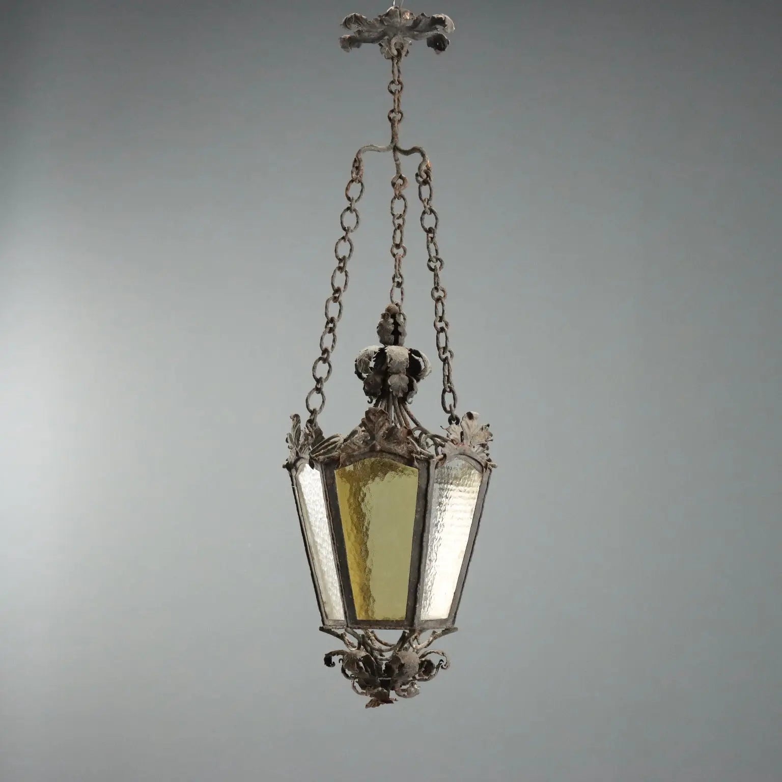 Antique Lantern Iron White and Yellow Glass Italy XX Century