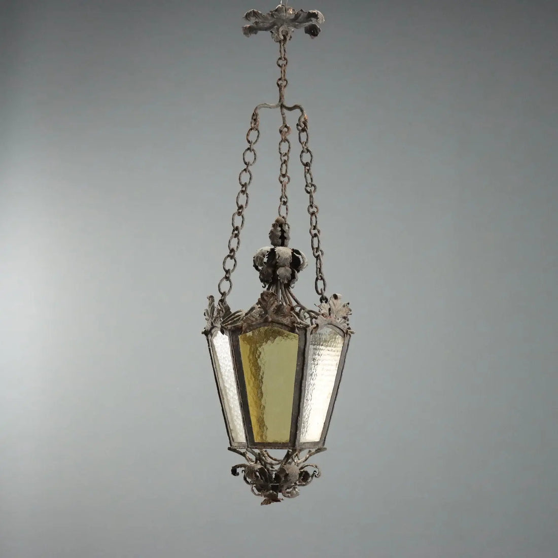 Antique Lantern Iron White and Yellow Glass Italy XX Century