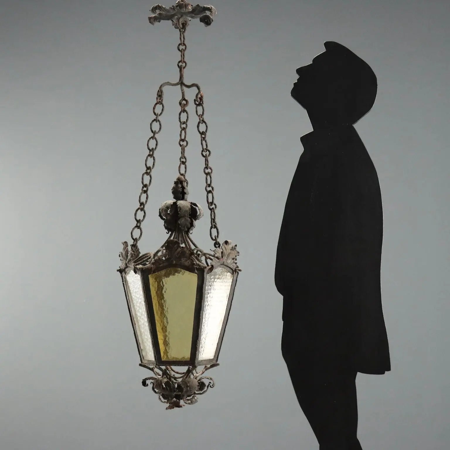Antique Lantern Iron White and Yellow Glass Italy XX Century