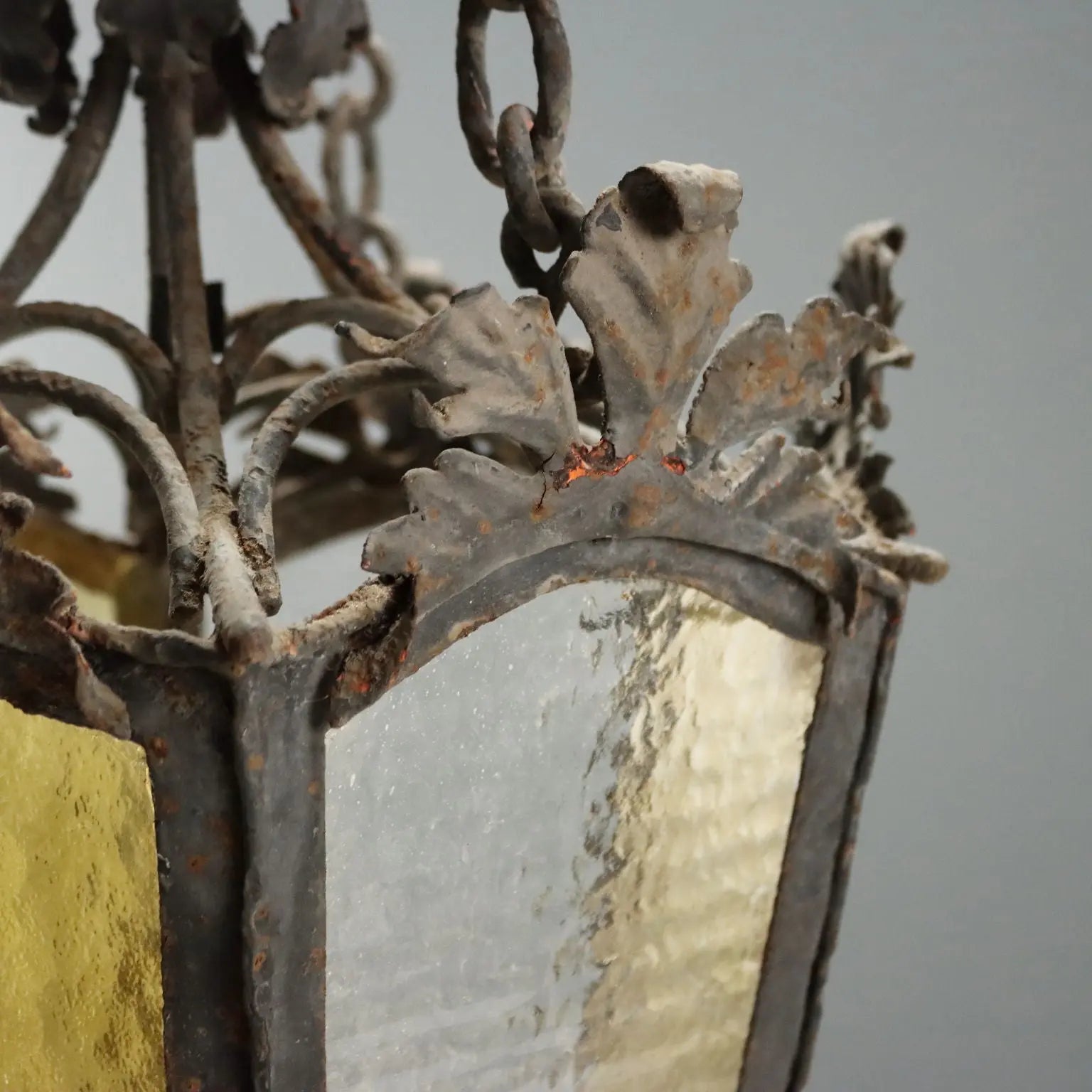 Antique Lantern Iron White and Yellow Glass Italy XX Century