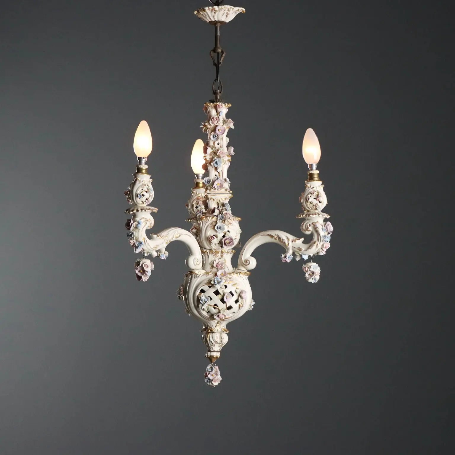 Ceramic Chandelier with Polychrome Flowers, Italy 20th Century