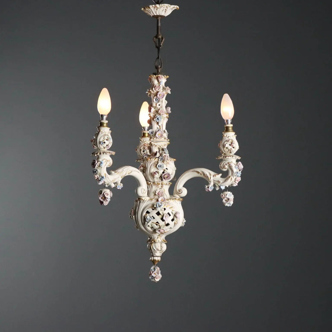 Ceramic Chandelier with Polychrome Flowers, Italy 20th Century