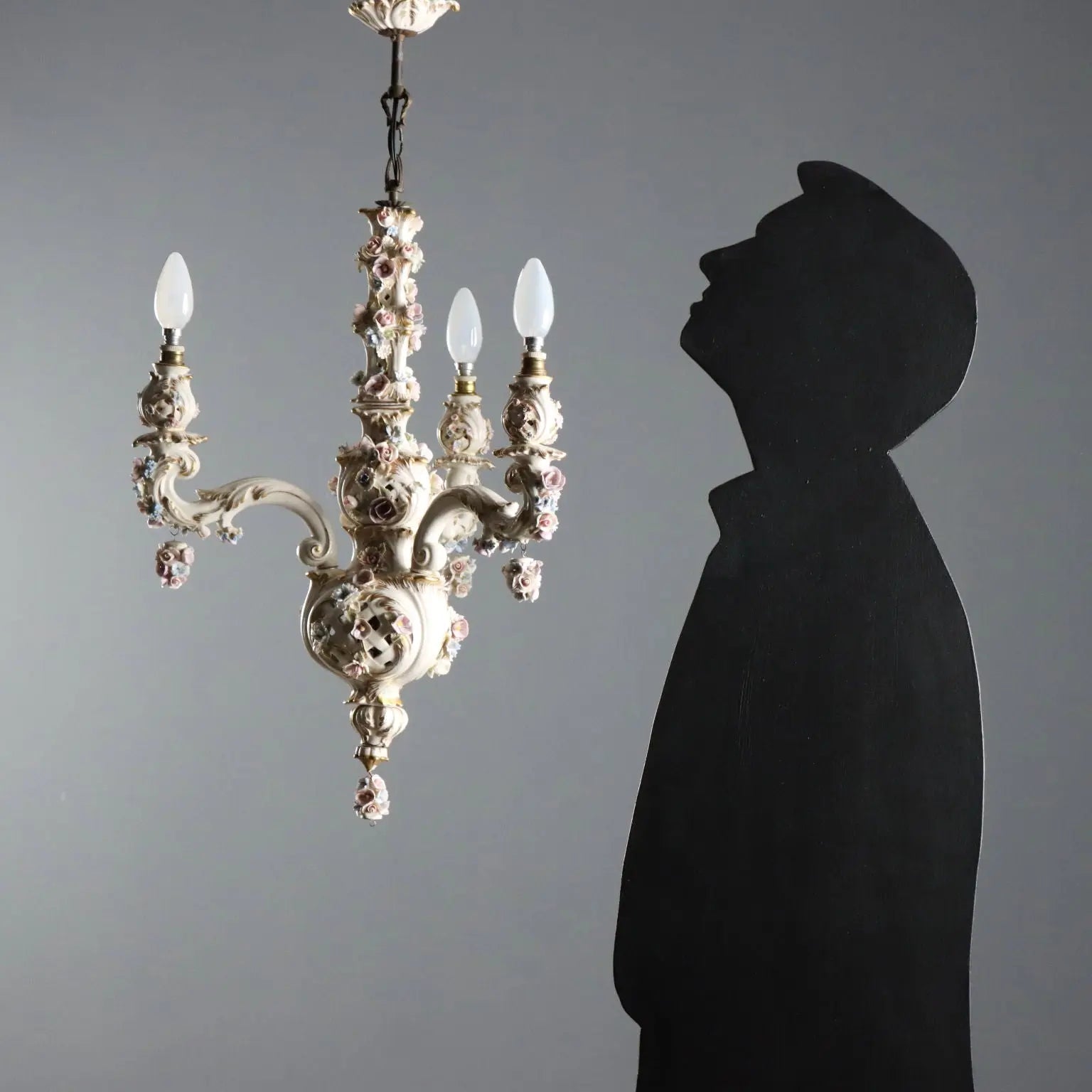 Ceramic Chandelier with Polychrome Flowers, Italy 20th Century