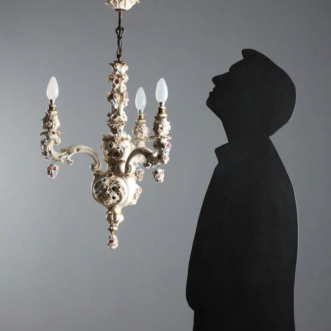 Ceramic Chandelier with Polychrome Flowers, Italy 20th Century