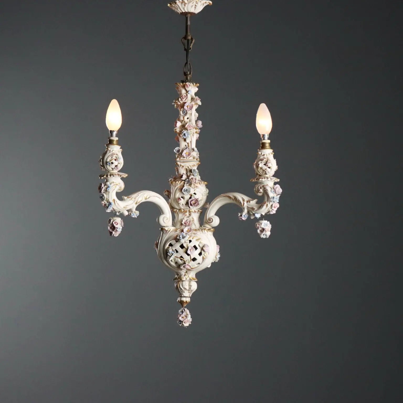 Ceramic Chandelier with Polychrome Flowers, Italy 20th Century