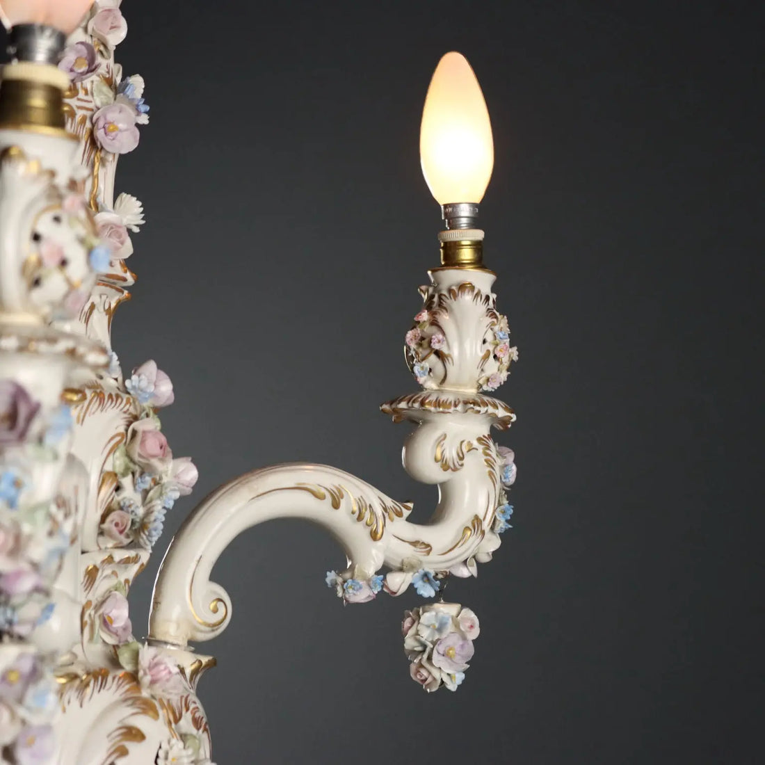 Ceramic Chandelier with Polychrome Flowers, Italy 20th Century